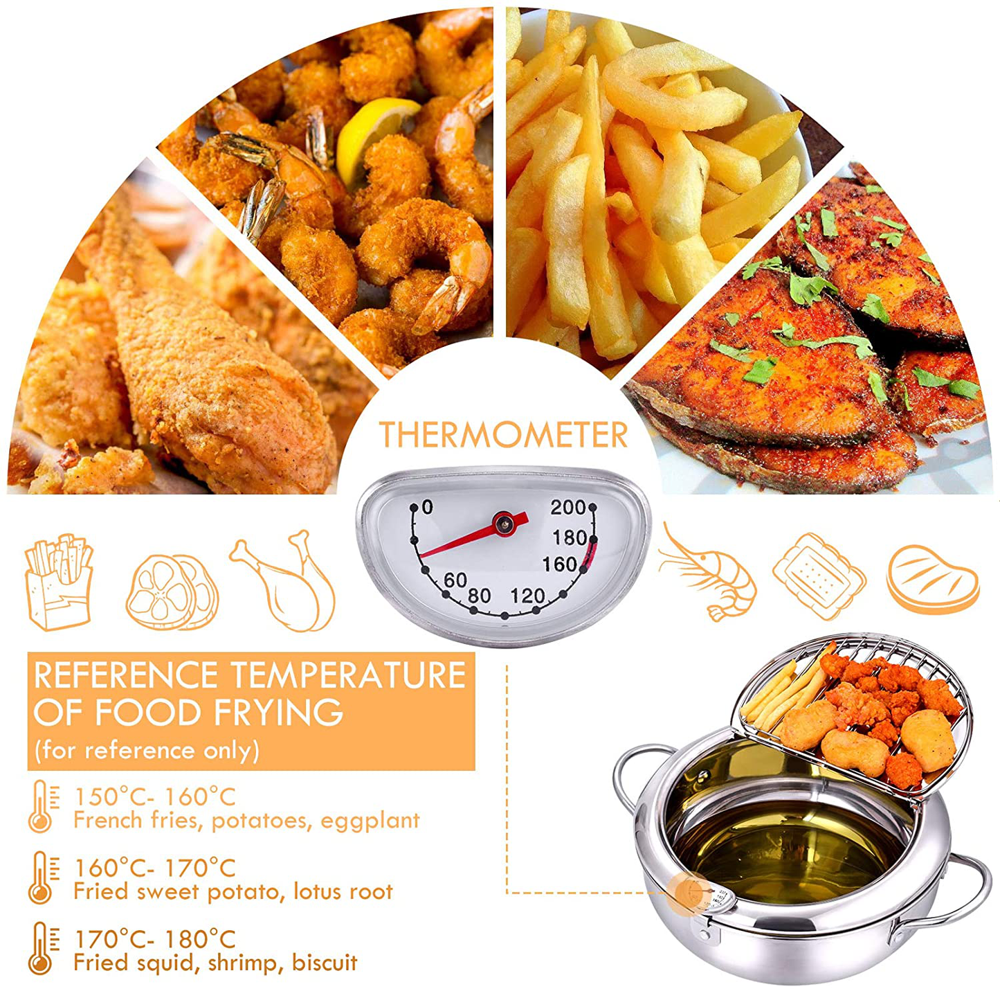 Skørter | cuomaop, deep fryer pot, 304 stainless steel with temperature control and lid Japanese style tempura fryer Uncoated fryer diameter: 9.4"
