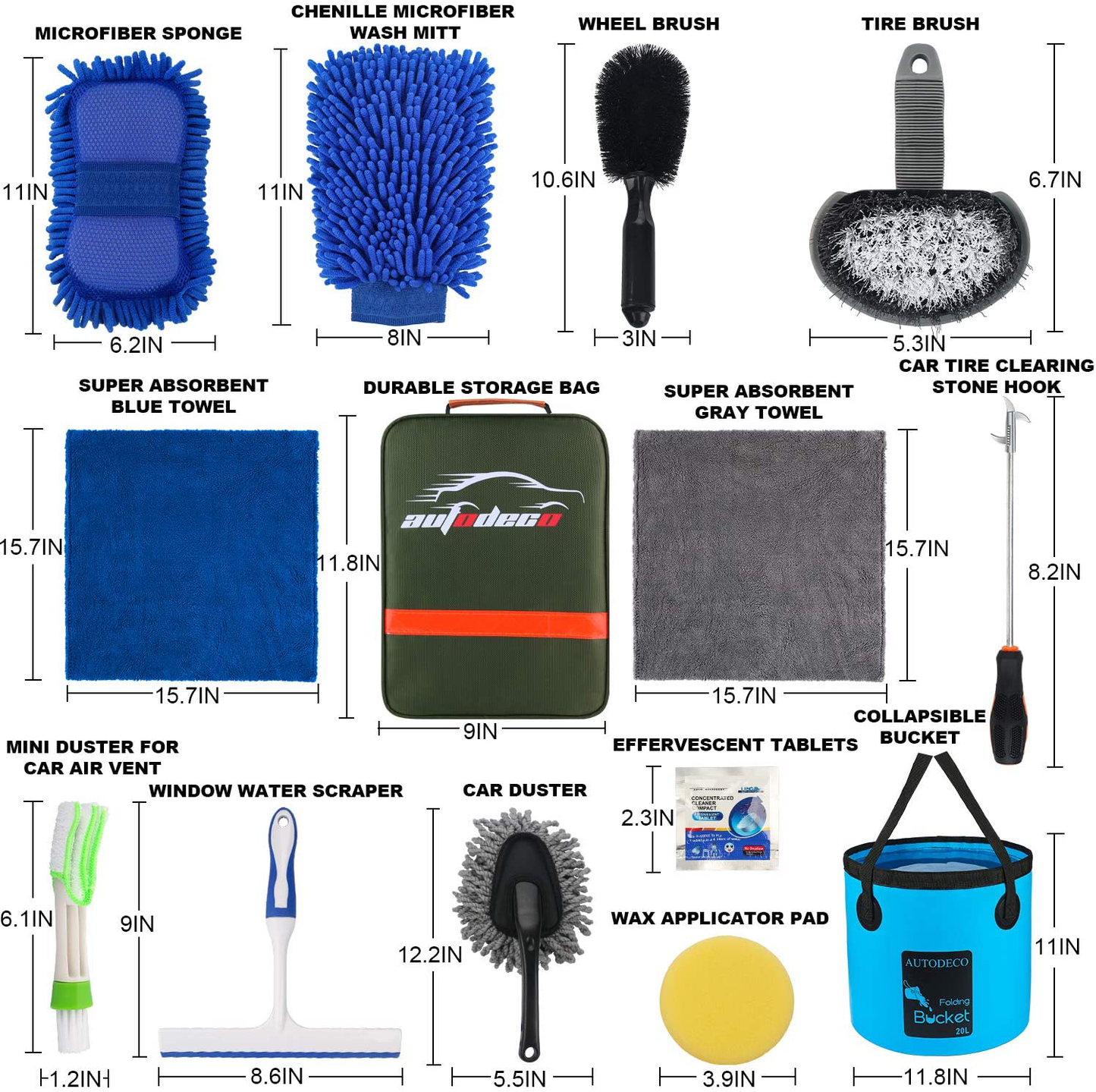 Skørter | AUTODECO 22Pcs Car Wash Cleaning Tool Set Car Detailing Set with Olive Green Leather Bag Foldable Bucket Washing Mitt Sponge Towels Tire Brush Window Scraper Duster Complete Interior Car Care Set
