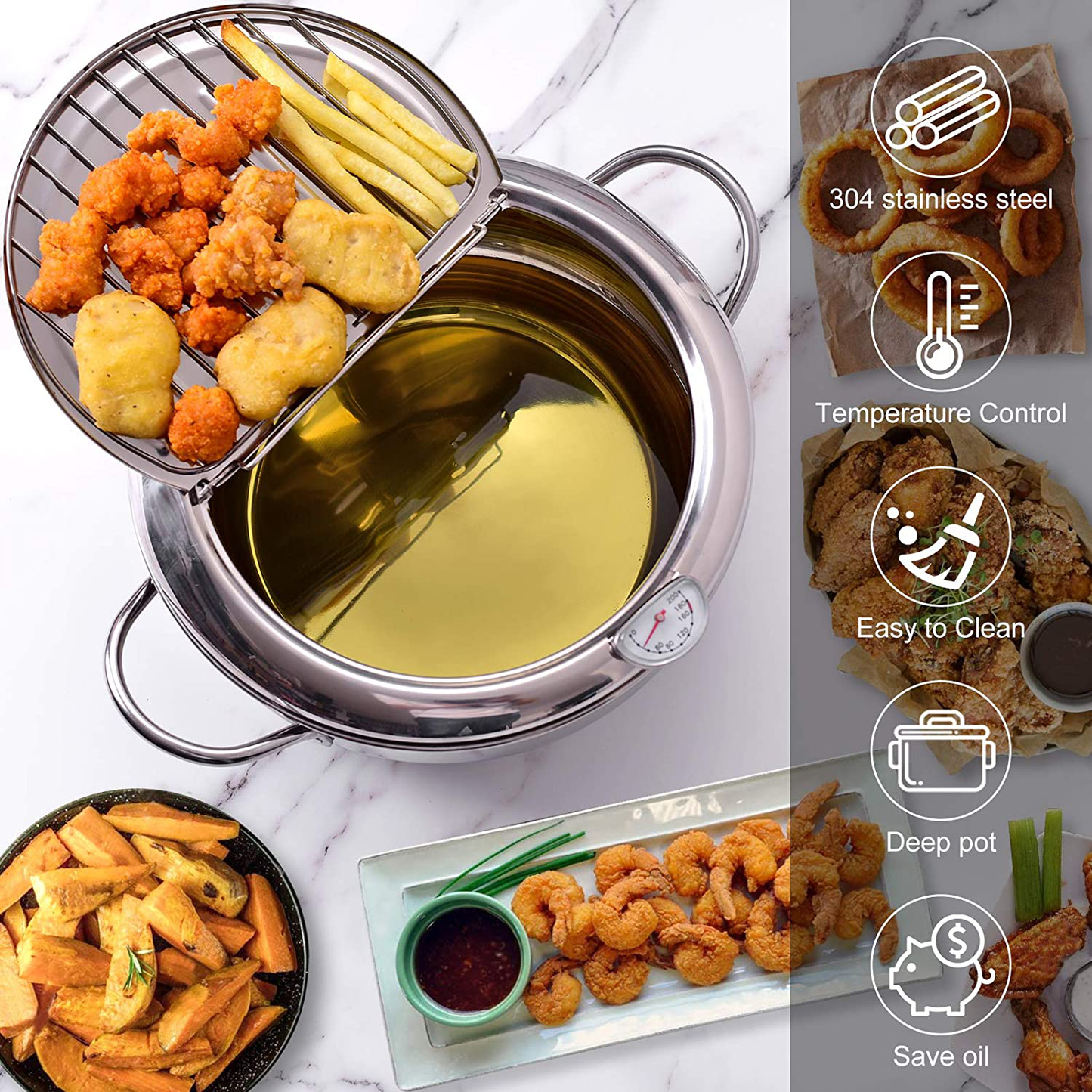 Skørter | cuomaop, deep fryer pot, 304 stainless steel with temperature control and lid Japanese style tempura fryer Uncoated fryer diameter: 9.4"