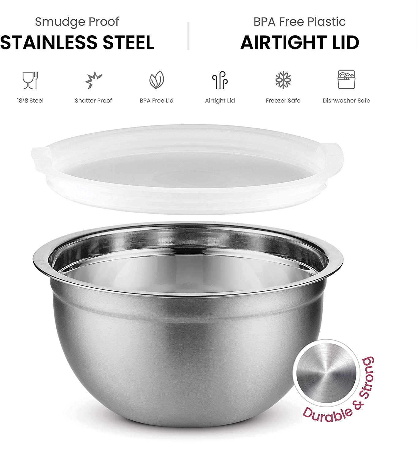 Skørter | Premium Stainless Steel Mixing Bowls with Tight Lids (Set of 5) Stackable Bowls for Space-Saving Storage, Easy Grip & Stability Design Mixing Bowl Set Versatile for Cooking, Baking, & Food Storage