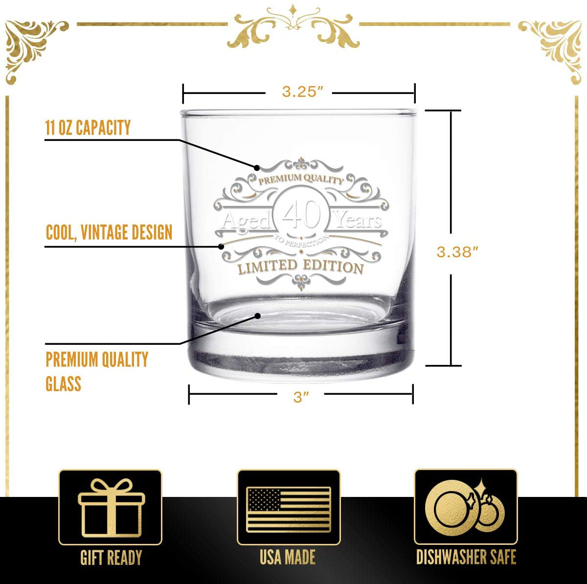 Skorter | 1981 Vintage Edition Birthday Whiskey Scotch Glass (40th Anniversary) 11 oz- Vintage Congratulations on your birthday Old Fashioned Whiskey Glasses for 40-year-old- Classic Lowball Rocks Glass- Birthday, Reunion Gift