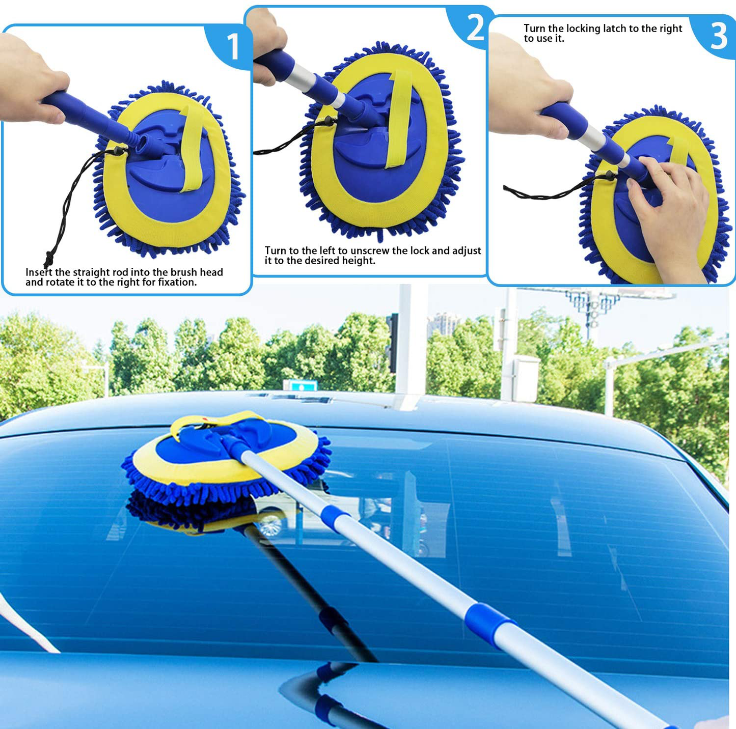 Skørter | 2 in 1 Microfiber Car Wash Mop Glove with 45" Aluminum Alloy Long Handle, Chenille Car Cleaning Kit Brush Duster with Scratch-Free for Washing Car/Truck/RV, 2 Mop Heads and 1 Towel and Air Vent Duster