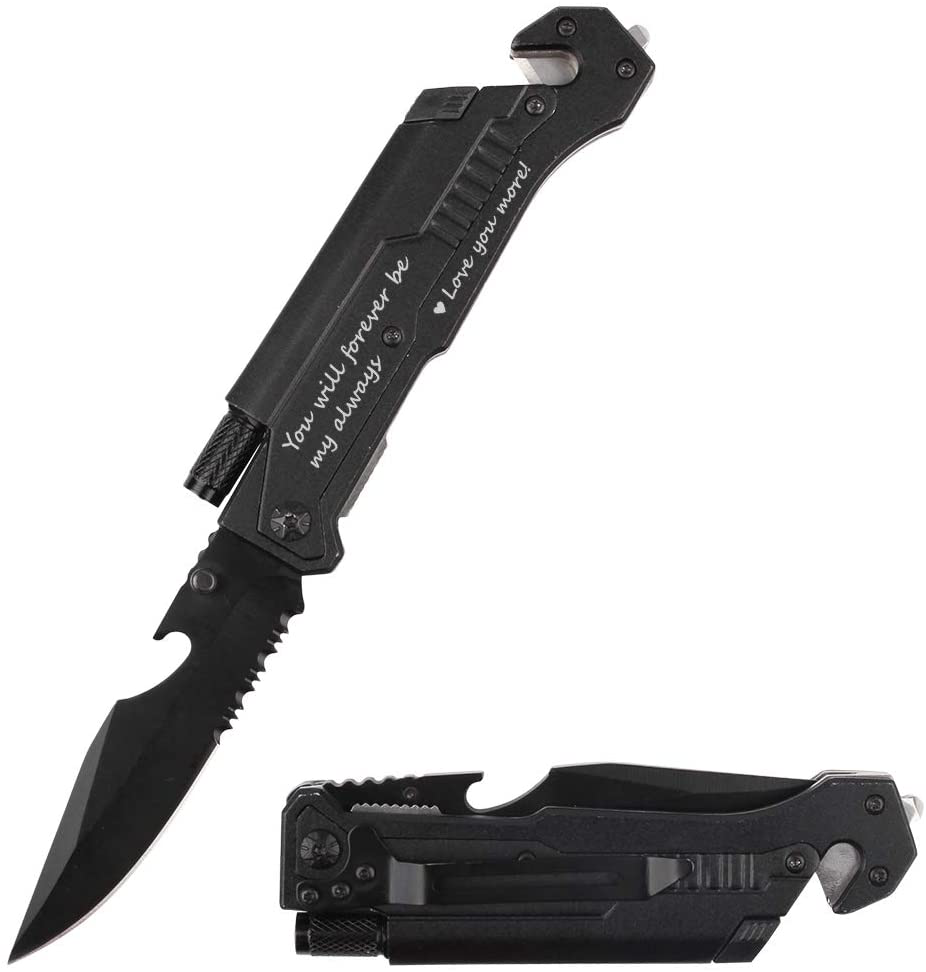 Skorter | Spouse birthday gift, pocket knife with 6 functions, LED light, fire starter, bottle opener, seat belt cutter, glass breaker, anniversary gift for men, boyfriend, Father's Day