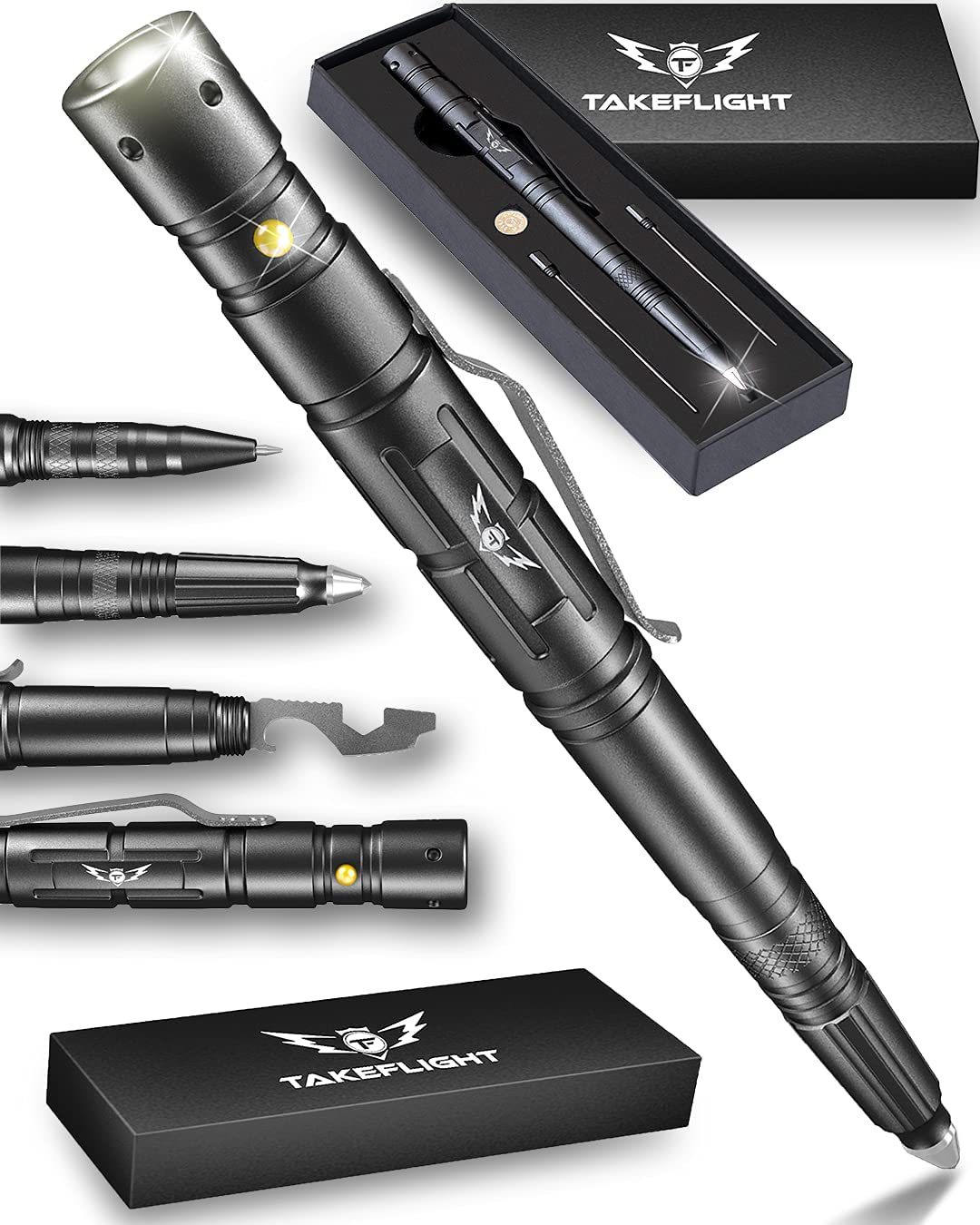 Skørter | Tactical Pen Survival Gear – LED Tactical Flashlight Multi Tool – Sturdy, Lightweight EDC Pen Survival Tool – Glass Breaker, Bottle Opener, Screwdriver, Gift Box (Black-Short)