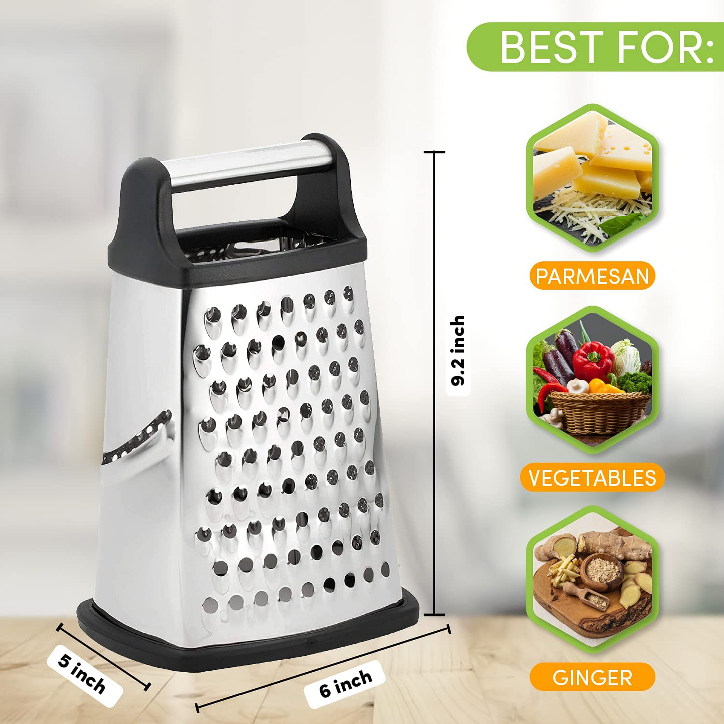 Skørter | Our Chef Professional Box Grater, Stainless Steel with 4 Sides, Best for Parmesan Cheese, Vegetables, Ginger, XL Size, Gray
