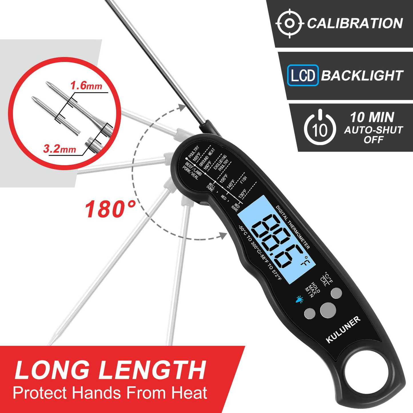 Skørter | KULUNER TP-01 Waterproof Digital Instant Read Meat Thermometer with 4.6” Foldable Probe Backlight & Calibration Function for Cooking Food Candy, BBQ Grill, Liquids, Beef (Black)