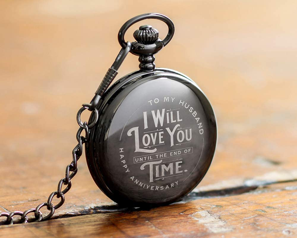 Skorter | Engraved Wedding Anniversary Pocket Watch with Chain for Husband, a Sleek Gift Set for Him with Elegant Gift Box, 1 Year Wedding Anniversary Clock