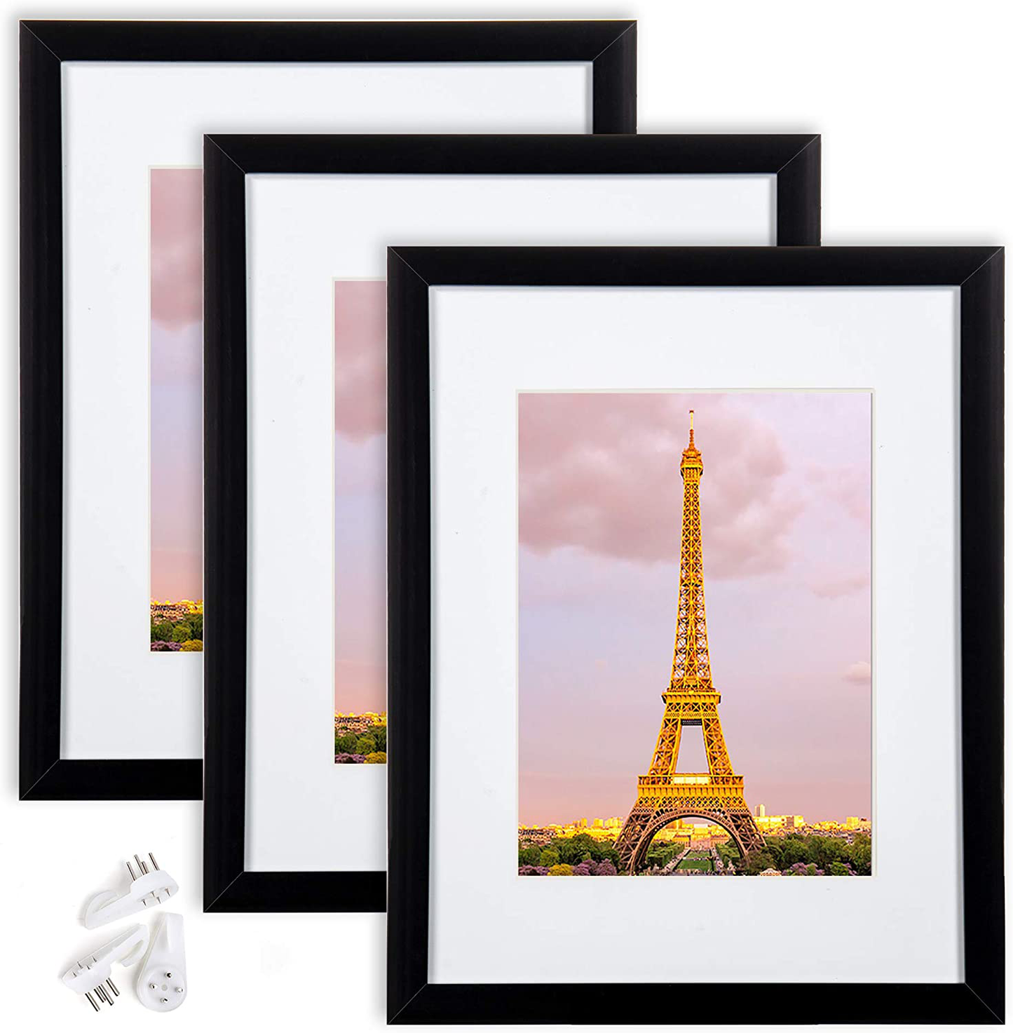 Skørter | upsimples 12x16 Picture Frame Set with 3, Made of High Definition Glass for 8.5x11 with Mat or 12x16 without Mat, Wall Mounted Photo Clamp Black