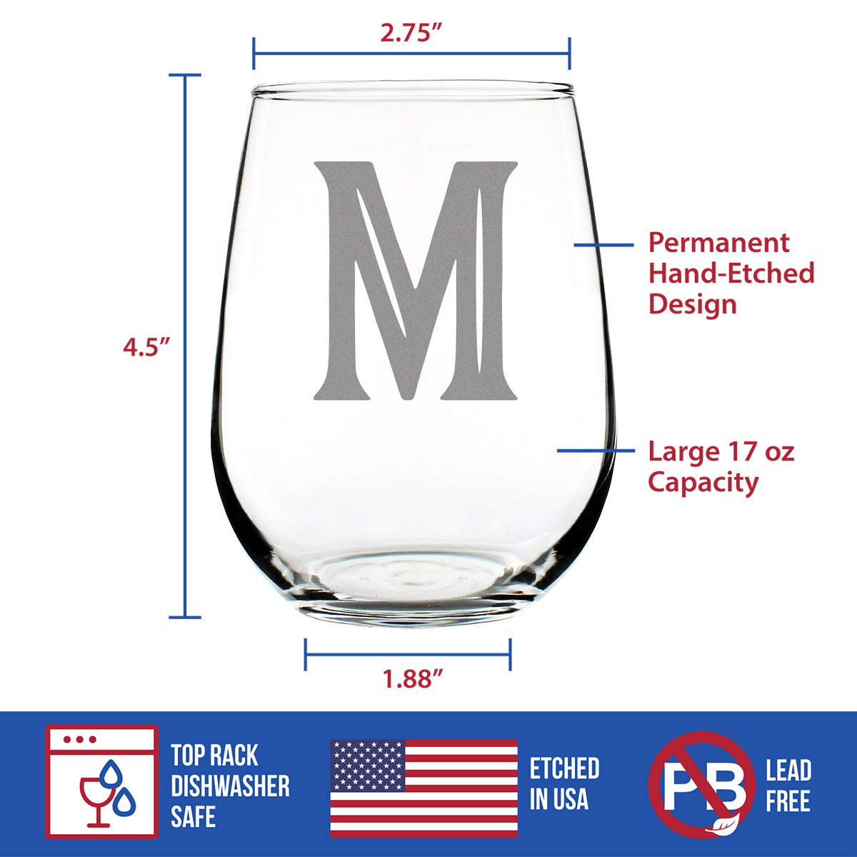 Skorter | Monogram Fet capital letter M - Without stem wine glass - Personalized gifts for women and men - Large engraved glass