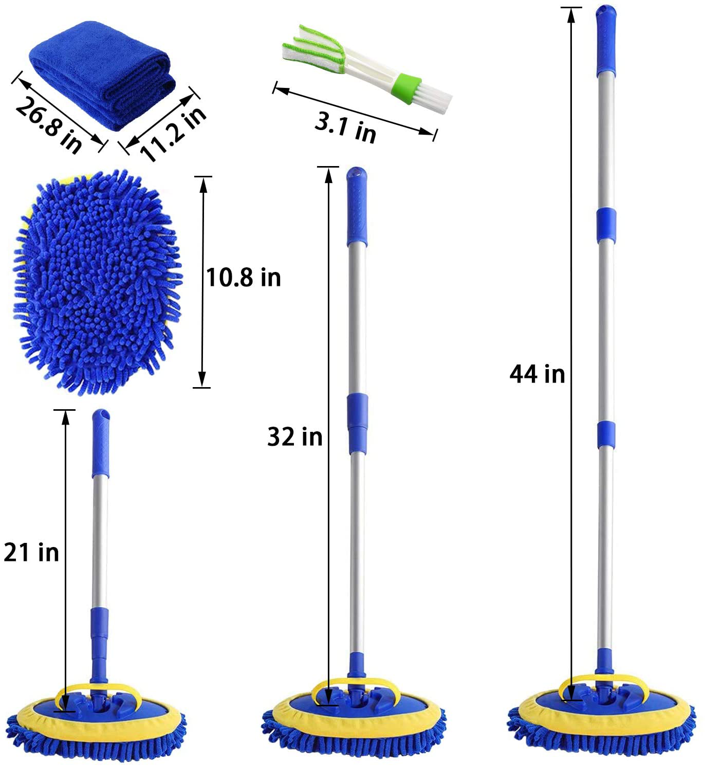 Skorter | 2 In 1 Microfiber Car Wash Mitt With 45" Aluminum Alloy Long Handle, Chenille Car Cleaning Set Brush Duster With Scratch Resistant For Washing Car/Truck/RV, 2 Mop Heads And 1 Towel And Vent Duster