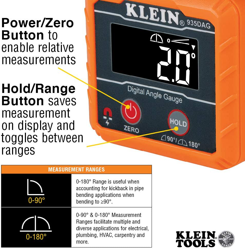 Skørter | Klein Tools 935DAG Digital Electronic Level and Angle Meter, Measures 0 - 90 and 0 - 180 Degree Ranges, Measures and Sets Angles