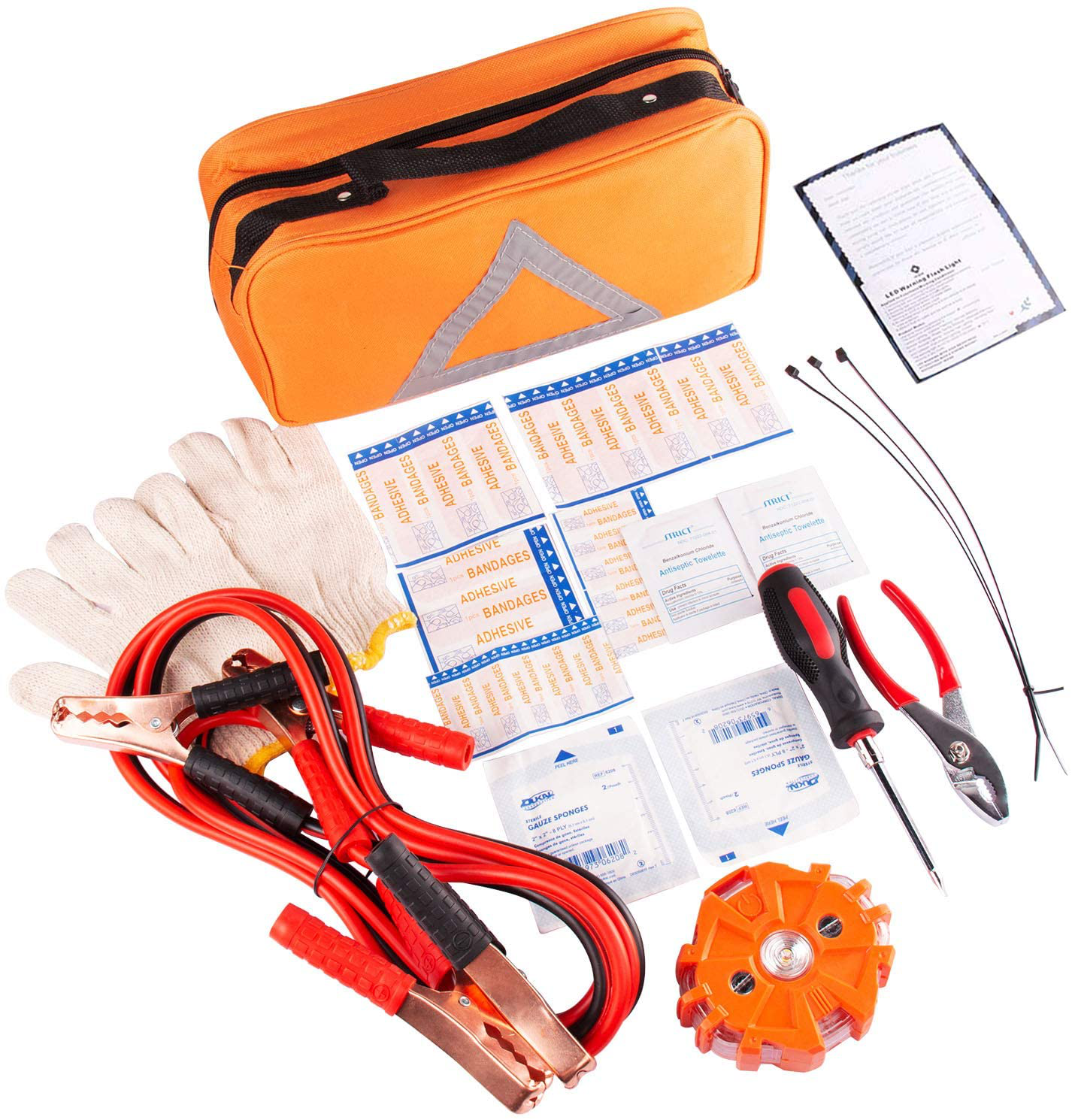 Skorter | Emergency Roadside Assistance Safety Kit - First Aid Kit, Jumper Cables, LED Warning Light, Work Gloves, Tools and More