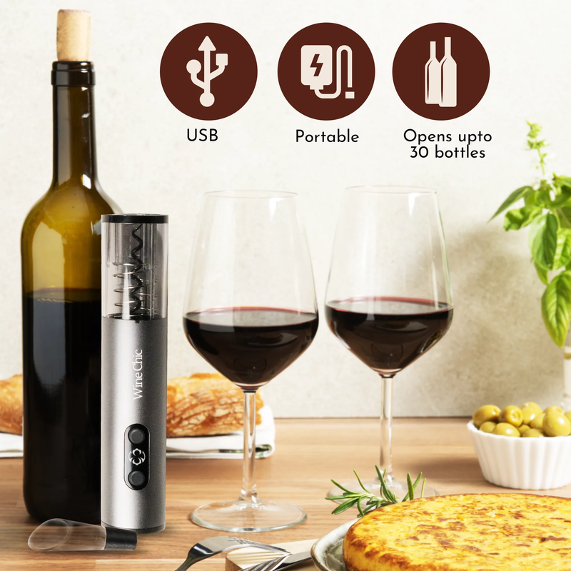 Skørter | 5-piece rechargeable electric wine opener set - Includes stopper, pourer, foil cutter, charging cable (USB-C), electric corkscrew
