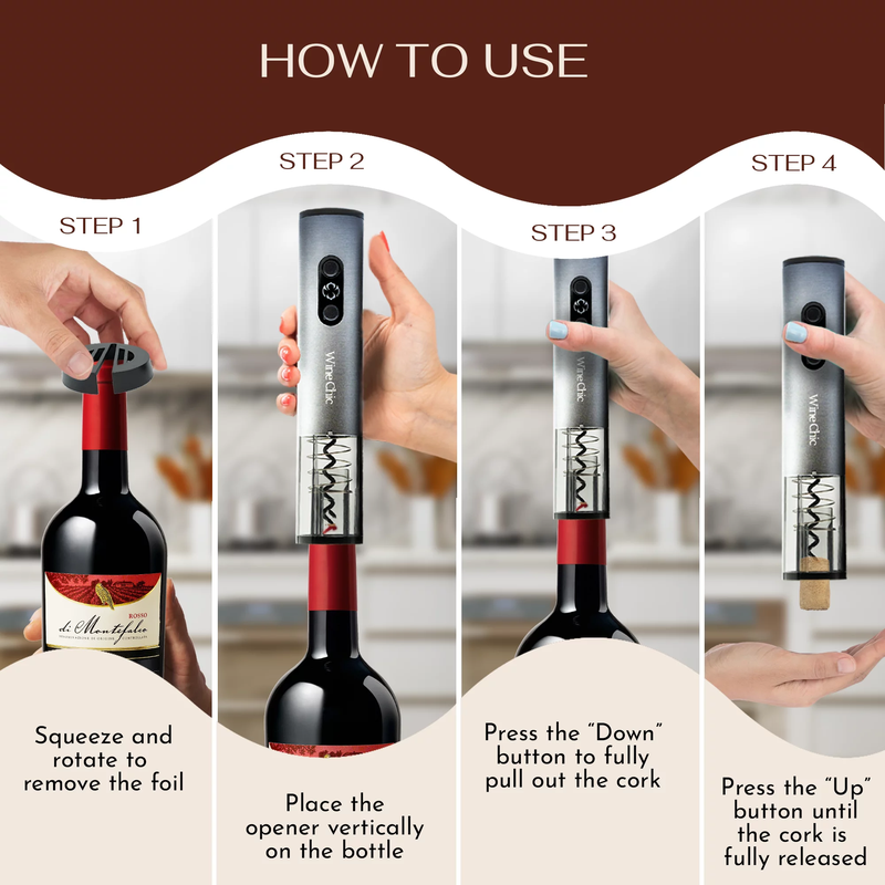 Skørter | 5-piece rechargeable electric wine opener set - Includes stopper, pourer, foil cutter, charging cable (USB-C), electric corkscrew