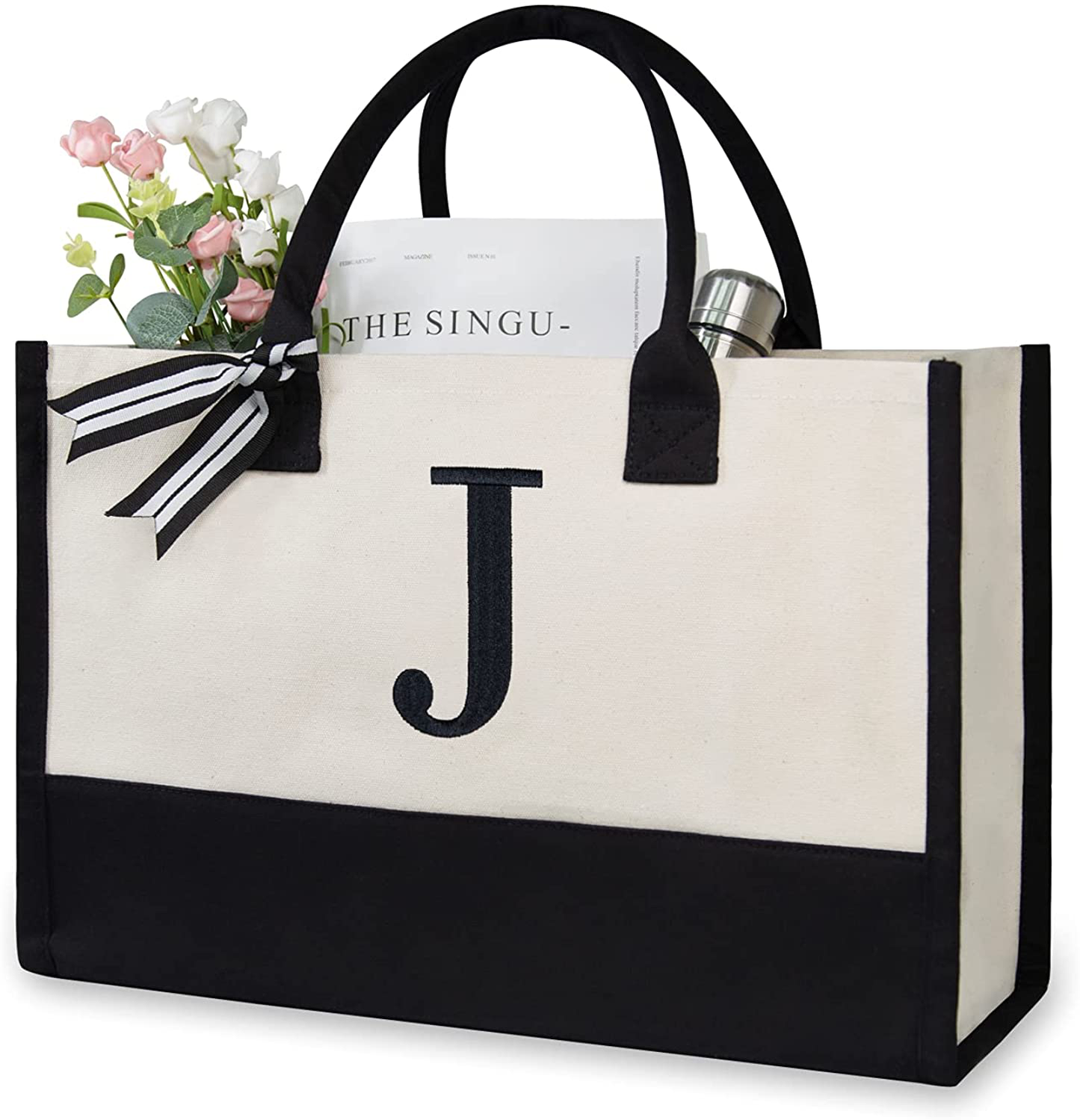 Skorter | Personal Initial Canvas Beach Bag, Monogram Gift Tote Bag for Women