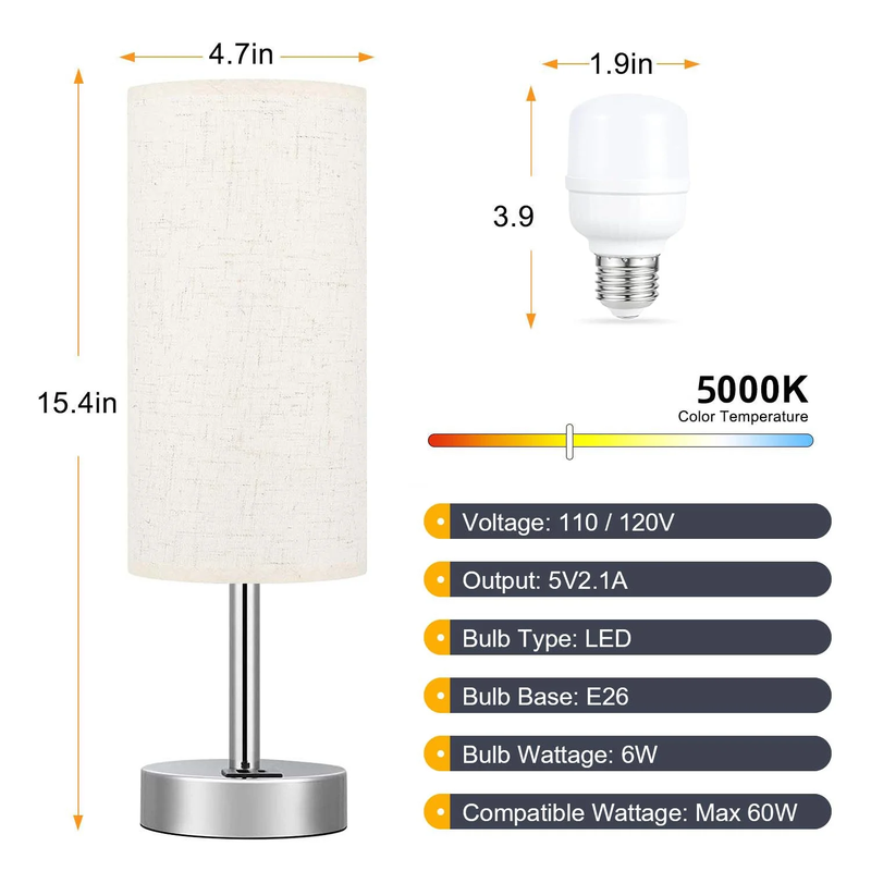 Skørter | 3 Ways Dimmable Touch Lamp, USB C&A Fast Charging Ports