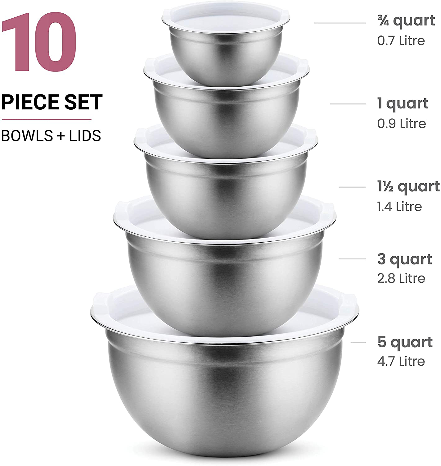 Skørter | Premium Stainless Steel Mixing Bowls with Tight Lids (Set of 5) Stackable Bowls for Space-Saving Storage, Easy Grip & Stability Design Mixing Bowl Set Versatile for Cooking, Baking, & Food Storage