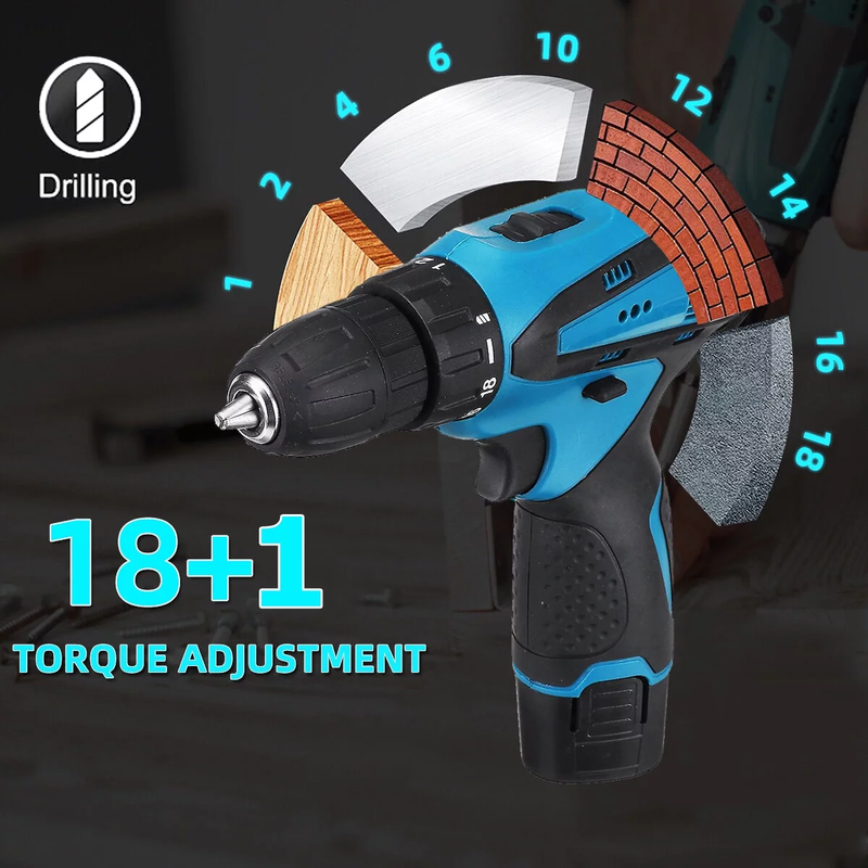 Skorter | 12V Wireless Drill with 42 Accessories with 3/8" Tool-less Chuck, 2 Speeds, 18+1 Positions, Built-in LED