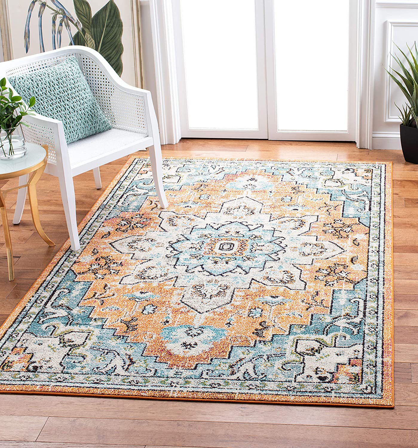 Skørter | Safavieh Madison Collection MAD473P Boho Chic Medallion Distressed Non-Shedding Living Room Bedroom Accent Area Rug, 4' x 6', Orange / Teal