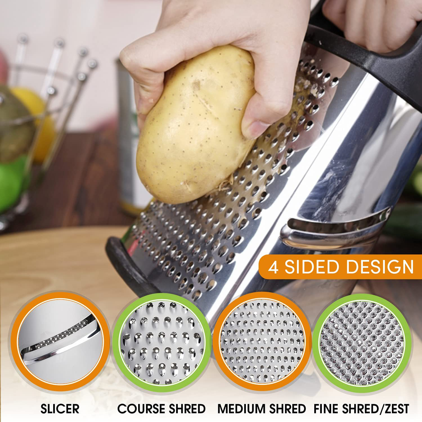 Skørter | Our Chef Professional Box Grater, Stainless Steel with 4 Sides, Best for Parmesan Cheese, Vegetables, Ginger, XL Size, Gray
