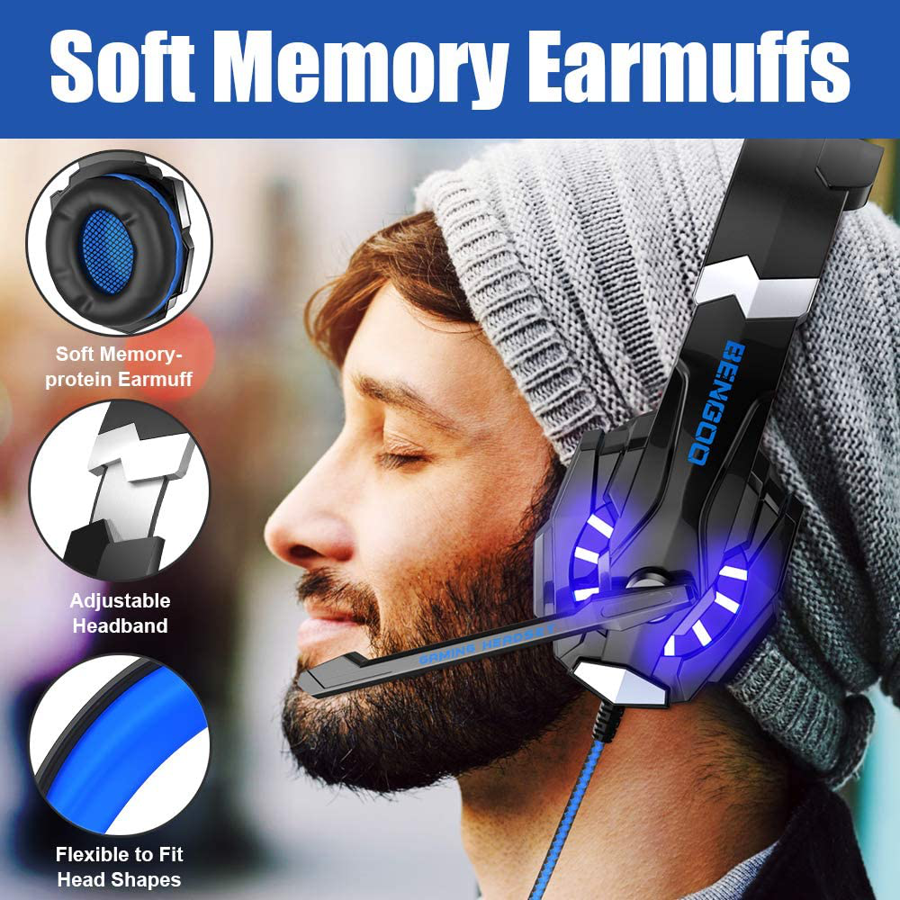Skorter | Bengoo G9000 Stereo Gaming Headset For Ps4 Pc Xbox One Ps5 Controller, Noise-Canceling Over-Ear Headphones With Microphone, LED Lights, Bass Surround, Soft Memory Ear Cups For Laptop Mac Nintendo Nes Games
