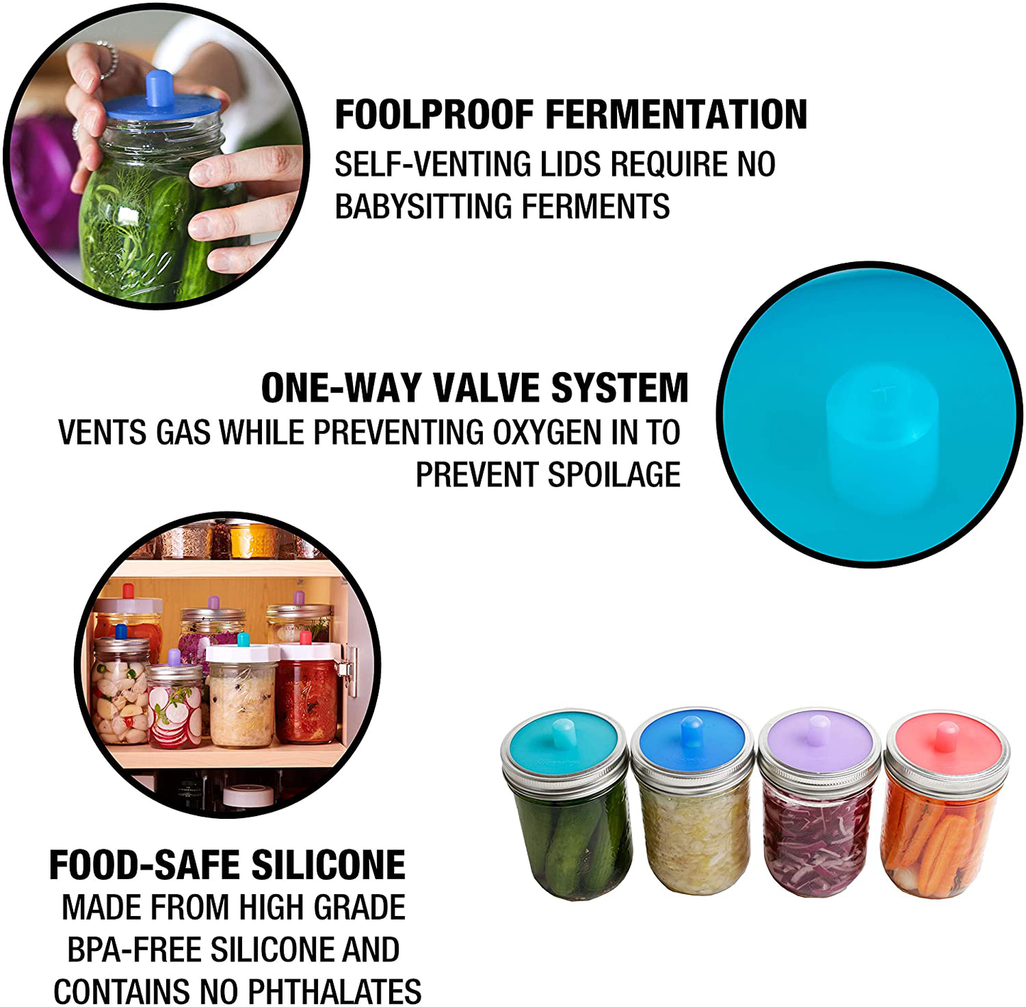 Skørter | Masontops Pickle Pipes - Waterless Airlock Fermentation Lids - Regular Mouth Mason Jar Fermenter Caps - Premium Silicone