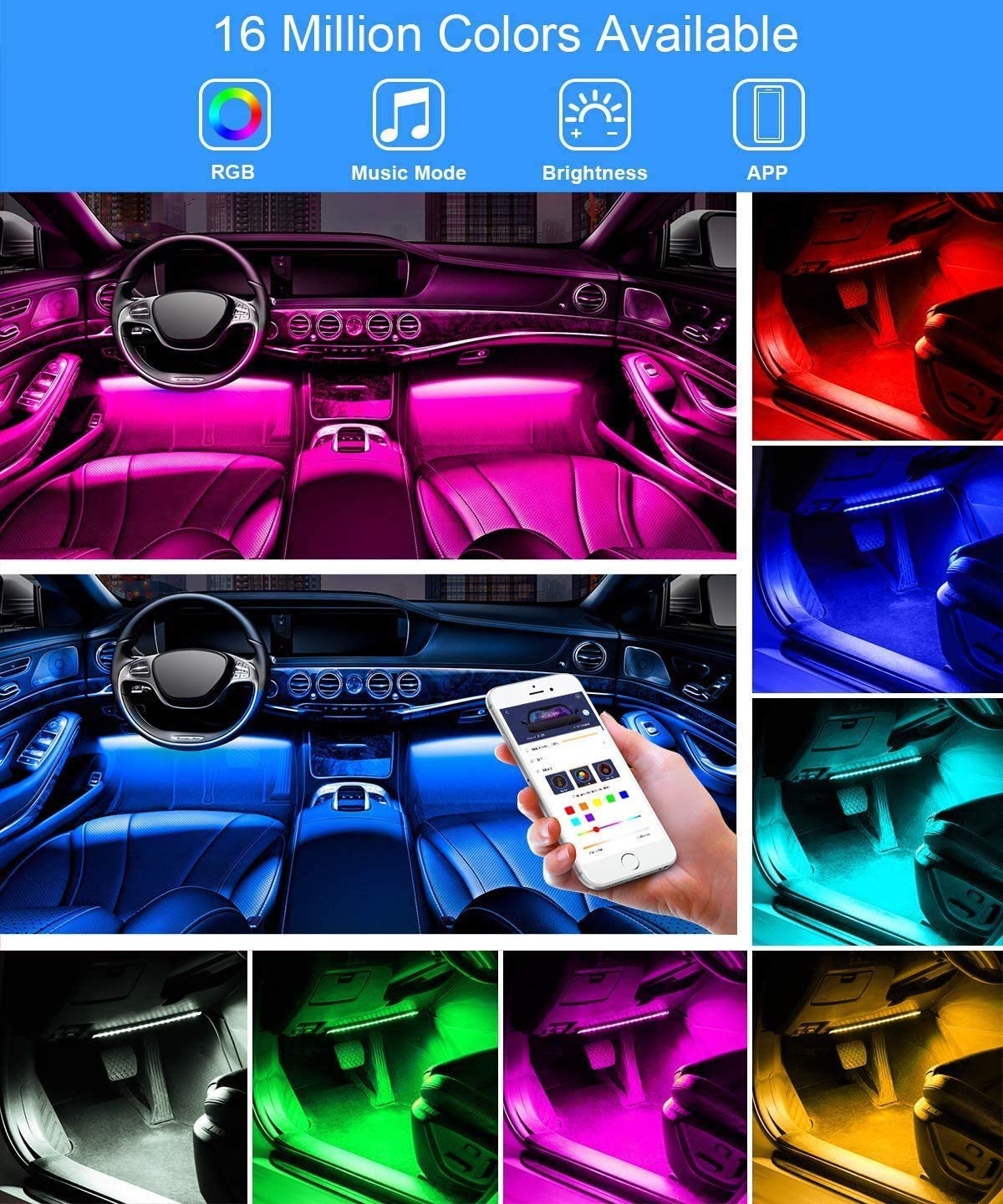 Skorter | Govee Interior Car Lights, LED Car Strip Lights with 2 Lines Waterproof Design, 48 LEDs App Control Car Light Kit, DIY Mode and Music Sync Under Dash Car Lighting with Car Charger, DC 12V
