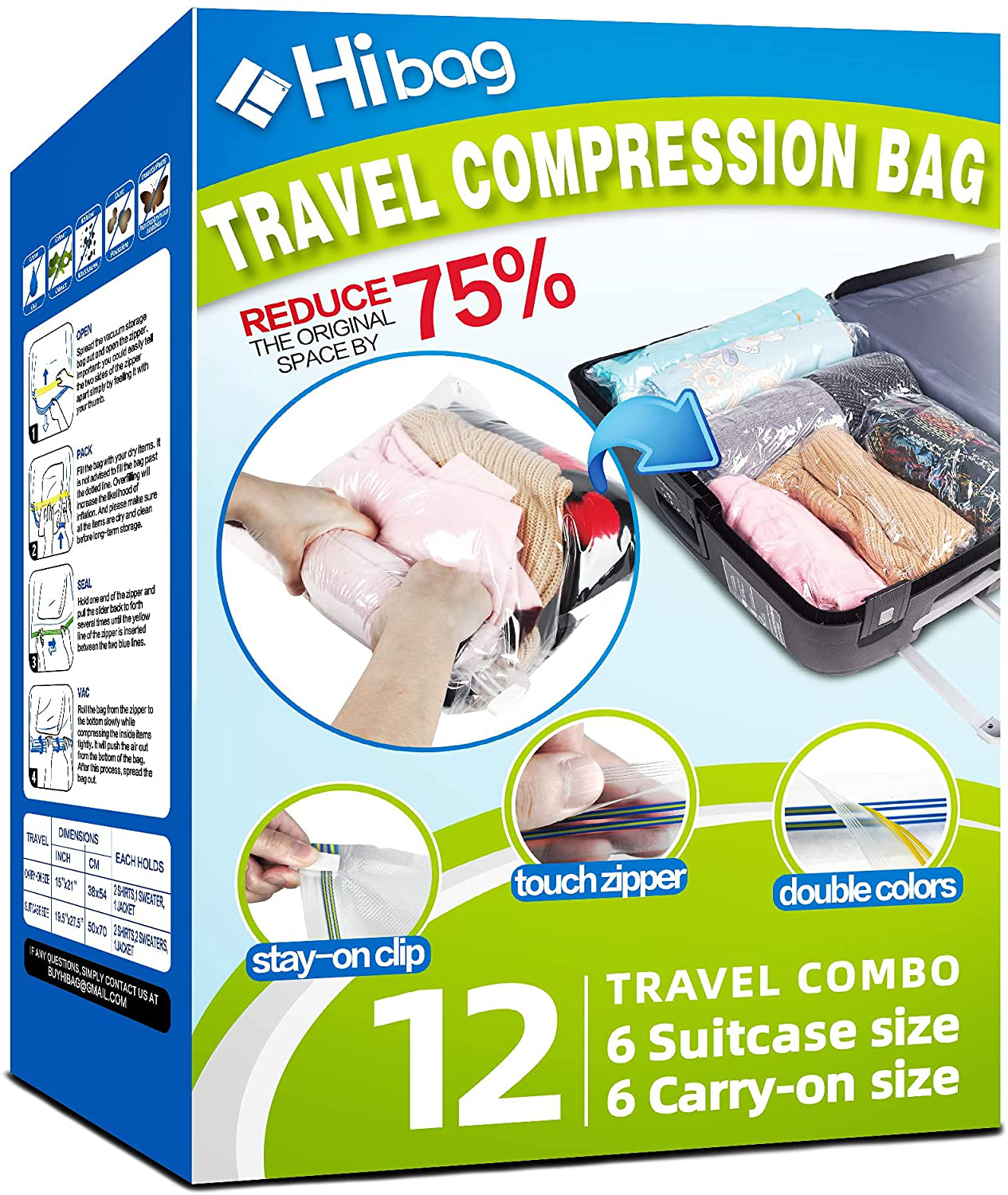Skorter | 12 Travel Compression Bags, Hibag 12-Pack Roll-Up Space-Saving Storage Bags for Travel, Suitcase Size (12-Travel)