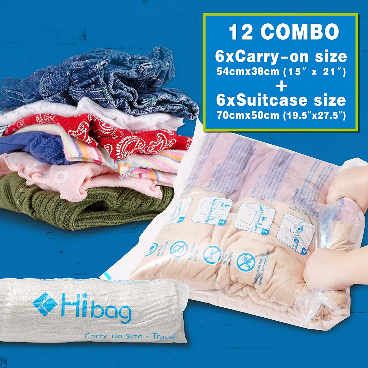 Skorter | 12 Travel Compression Bags, Hibag 12-Pack Roll-Up Space-Saving Storage Bags for Travel, Suitcase Size (12-Travel)