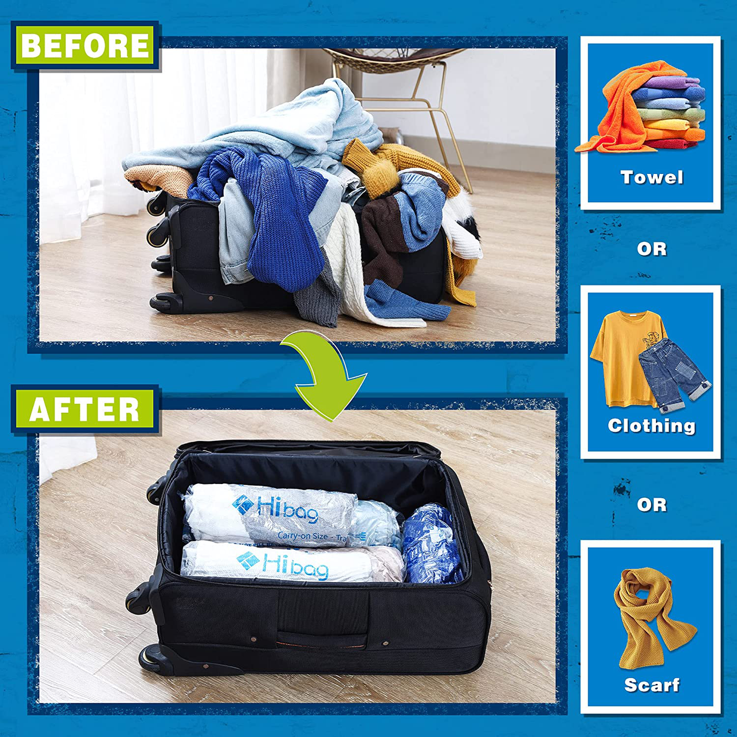 Skorter | 12 Travel Compression Bags, Hibag 12-Pack Roll-Up Space-Saving Storage Bags for Travel, Suitcase Size (12-Travel)