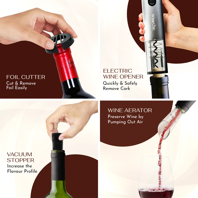 Skørter | 5-piece rechargeable electric wine opener set - Includes stopper, pourer, foil cutter, charging cable (USB-C), electric corkscrew