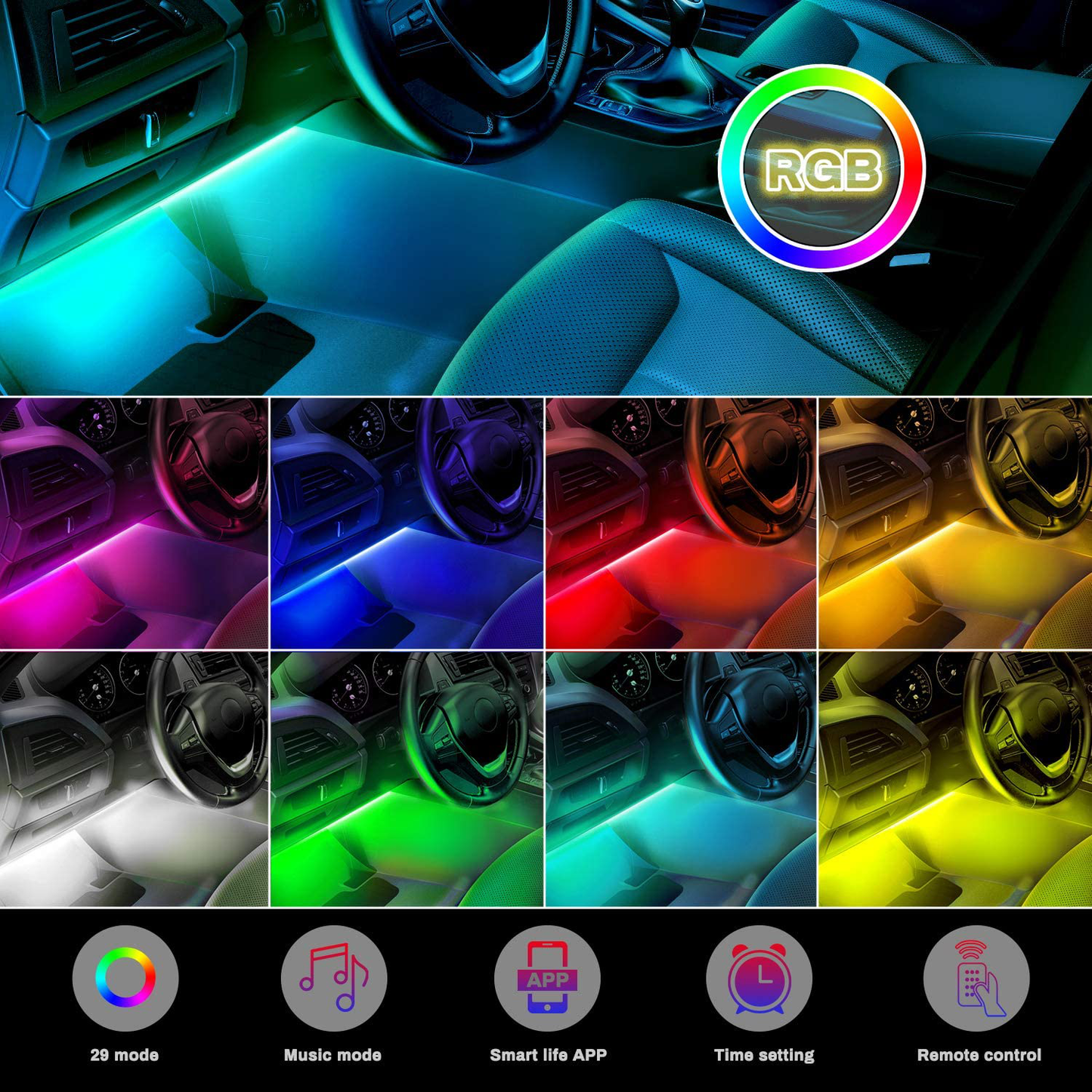 Skørter | Interior Billys, Upgrade 2-in-1 Design DC 12V Sound Activated 48 LED Car Strip Lights, Box Control, Remote Control and APP Control Lighting Set for All Vehicles, Mounting, Indoor/Outdoor