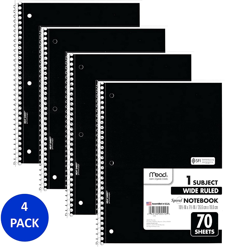 Skorter | Mead Spiral Notebooks, Wide Ruled Paper, Black, 4 Pack