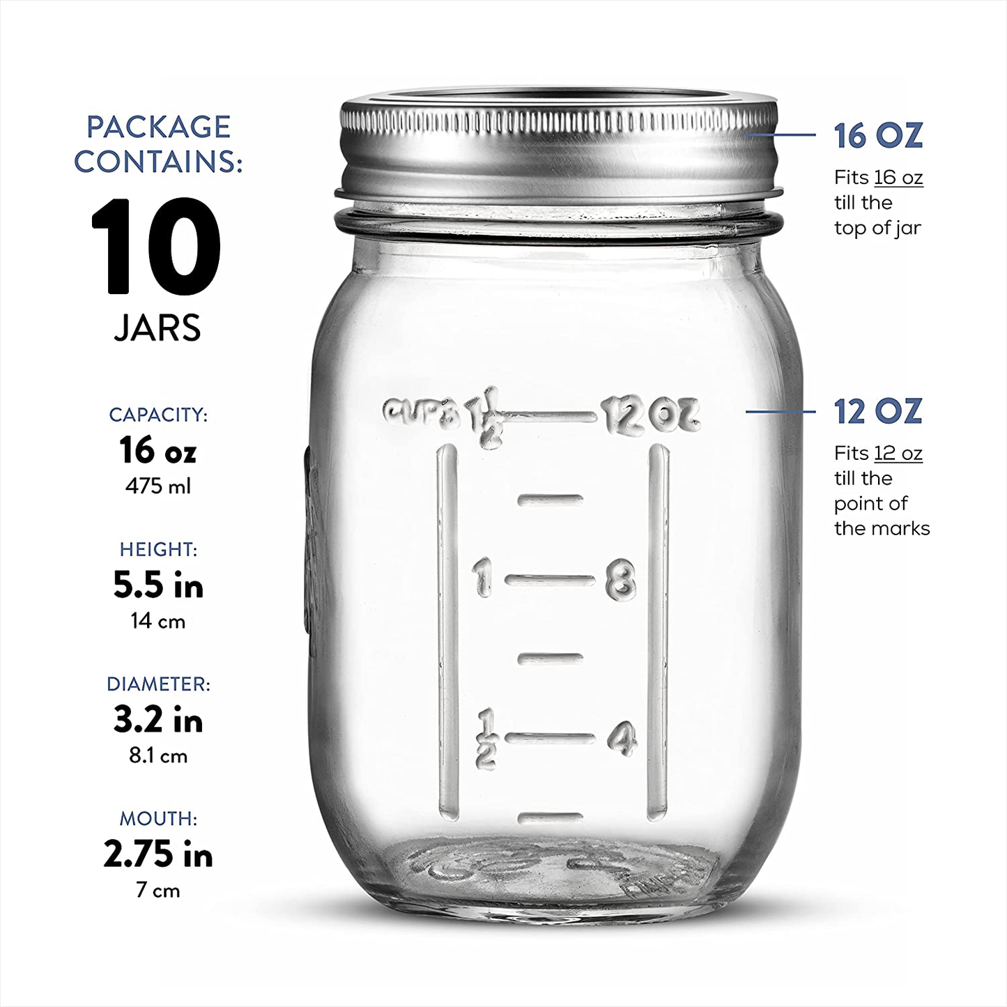 Skorter | Regular Mouth Glass Mason Jars, 16-Ounce Glass Canning Jars With Silver Metal Tight Lids And Bands With Measurement Marks, For Preserving, Storage, Meal Prep, Overnight Oats, Jam, Jelly, (10 Pack)