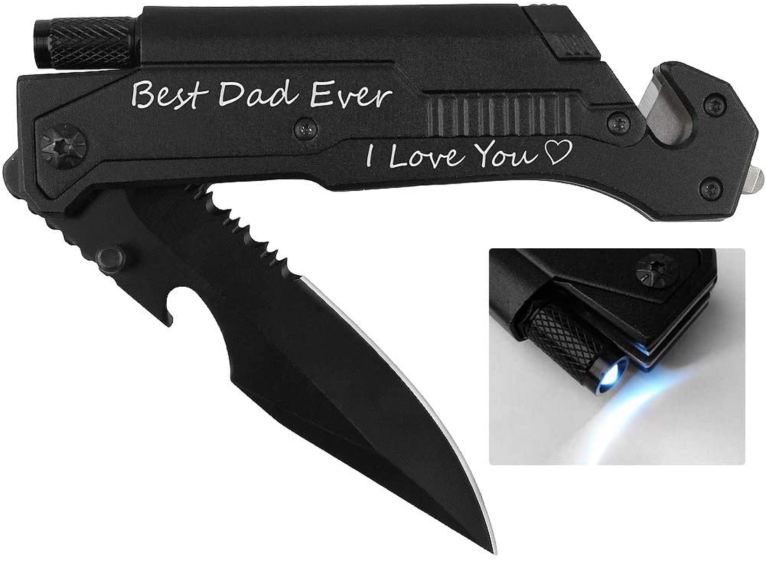 Skorter | Engraved pocket knife, Best dad ever, Dad pocket knife for men with 6 functions, LED light, fire starter, bottle opener, seatbelt cutter, glass breaker