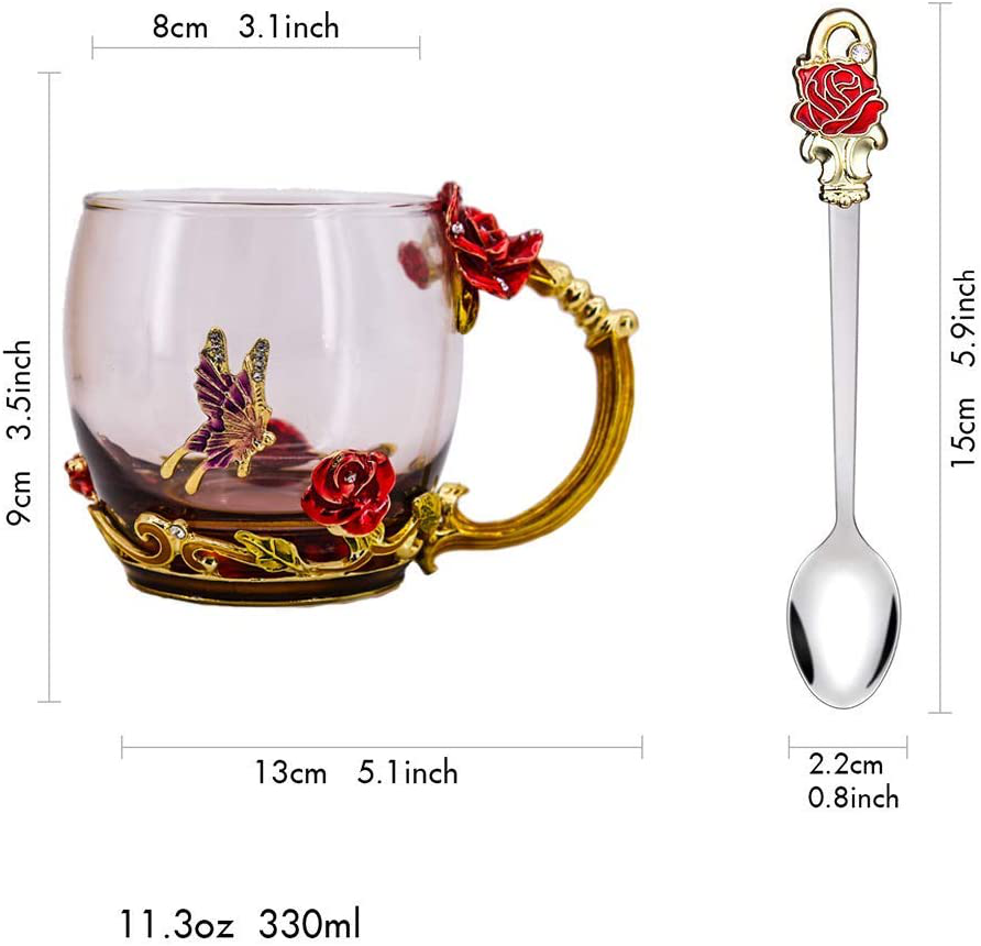 Skorter | Luka Tech Enamel Butterfly Flower Lead-Free Glass Coffee Cup Tea Mug with Steel Spoon, Best Birthday Gifts For Woman Wife Mother Friends Mothers Valentine's Day Christmas (Purple-High)