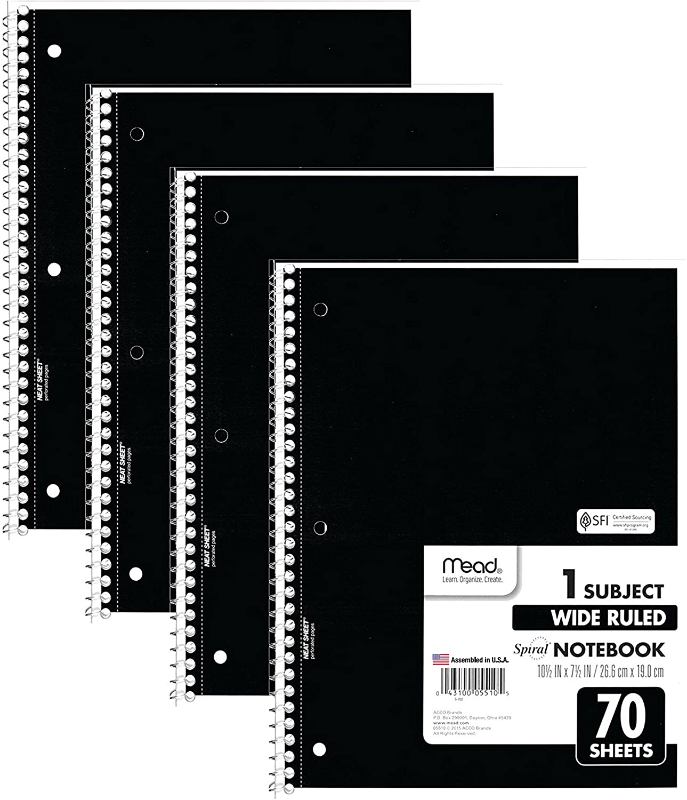 Skorter | Mead Spiral Notebooks, Wide Ruled Paper, Black, 4 Pack
