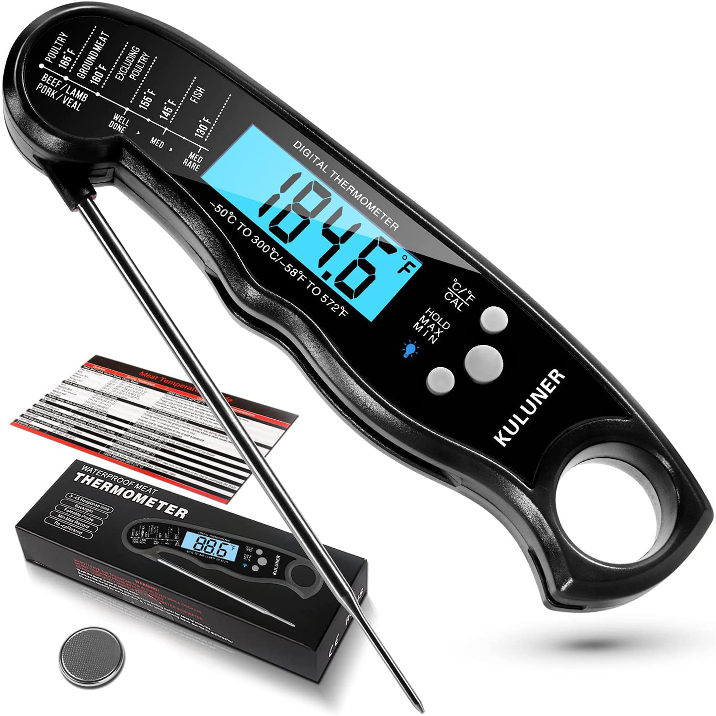 Skørter | KULUNER TP-01 Waterproof Digital Instant Read Meat Thermometer with 4.6” Foldable Probe Backlight & Calibration Function for Cooking Food Candy, BBQ Grill, Liquids, Beef (Black)