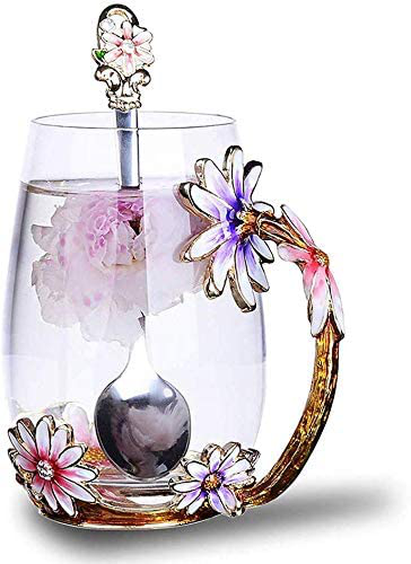 Skorter | Luka Tech Enamel Butterfly Flower Lead-Free Glass Coffee Cup Tea Mug with Steel Spoon, Best Birthday Gifts For Woman Wife Mother Friends Mothers Valentine's Day Christmas (Purple-High)