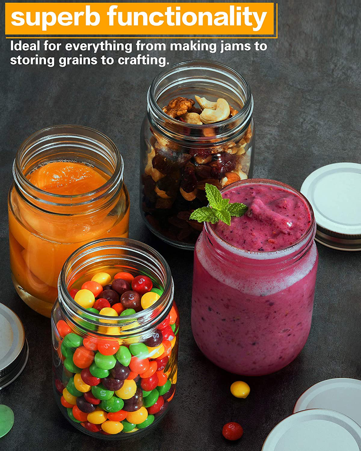 Skorter | 12oz Glass Jars With Lids Regular Mouth 20 Pack -Mason Jars 12 Oz For Crafts, Meal Prep, Canning Jars For Food Storage Glass Jars With Lid For Preserves-With 20 Chalkboard Stickers-Silver Lid