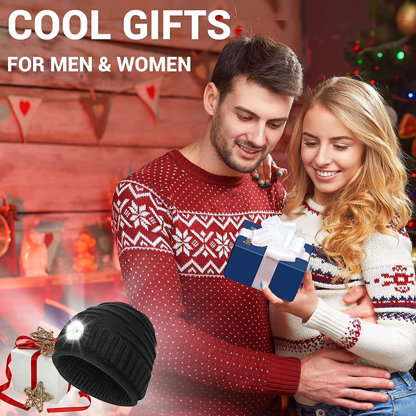 Skorter | Men's Gifts Beanie Hat with Light - Christmas Gift Fillers Women Men Rechargeable Headlamp Hood LED Flashlight Winter Hats Camping Running Fishing Gear Gift Ideas for Dad Mom Family Boyfriend Teenager