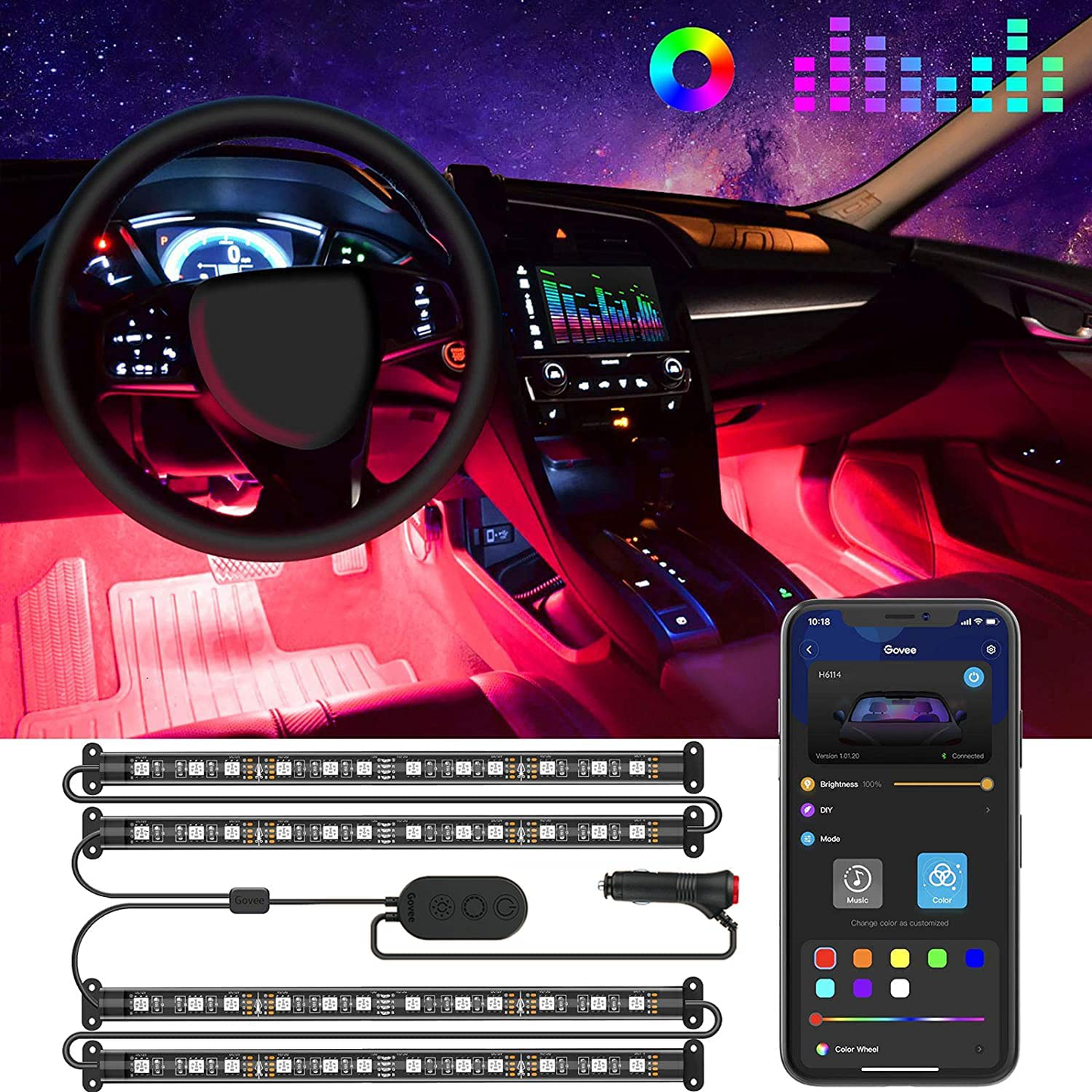 Skorter | Govee Interior Car Lights, LED Car Strip Lights with 2 Lines Waterproof Design, 48 LEDs App Control Car Light Kit, DIY Mode and Music Sync Under Dash Car Lighting with Car Charger, DC 12V
