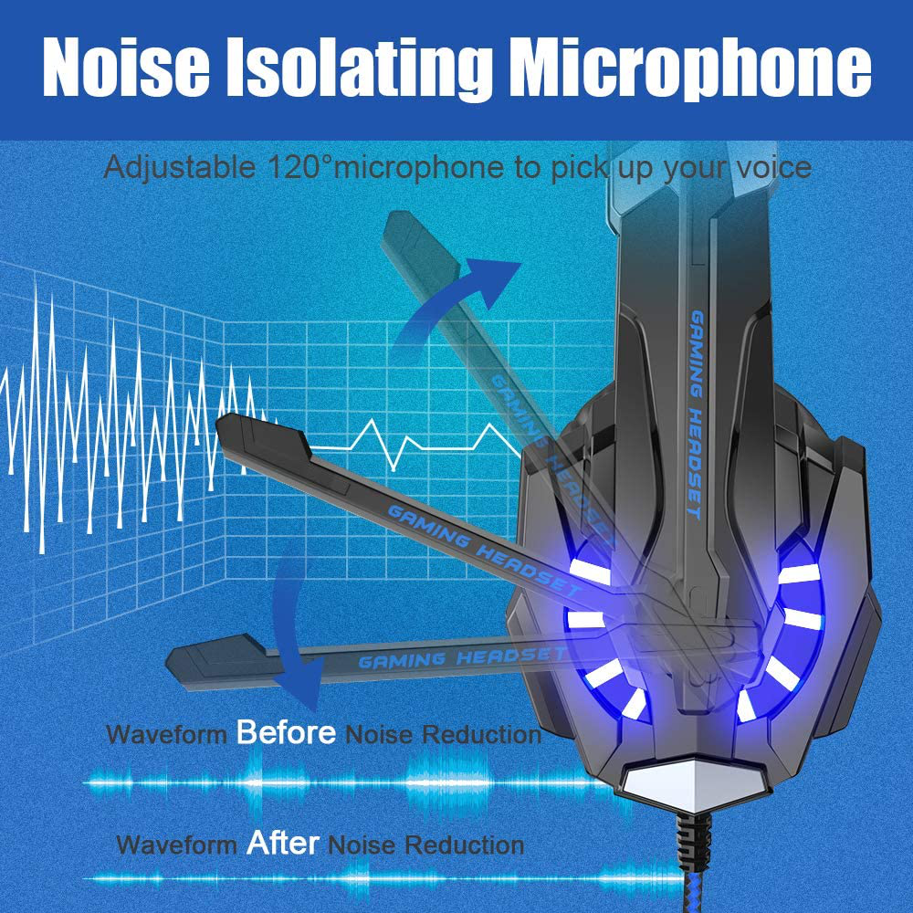Skorter | Bengoo G9000 Stereo Gaming Headset For Ps4 Pc Xbox One Ps5 Controller, Noise-Canceling Over-Ear Headphones With Microphone, LED Lights, Bass Surround, Soft Memory Ear Cups For Laptop Mac Nintendo Nes Games
