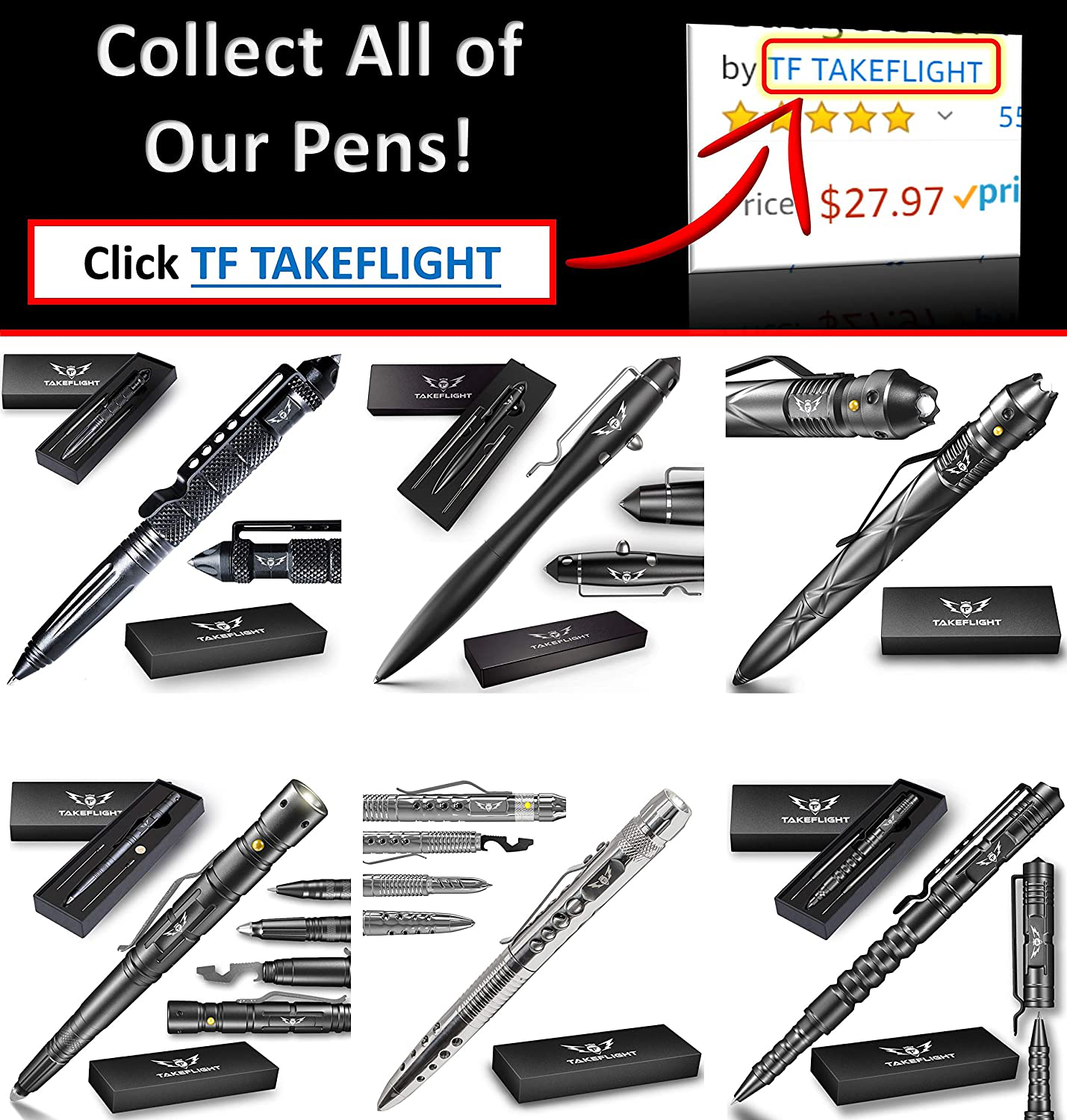 Skørter | Tactical Pen Survival Gear – LED Tactical Flashlight Multi Tool – Sturdy, Lightweight EDC Pen Survival Tool – Glass Breaker, Bottle Opener, Screwdriver, Gift Box (Black-Short)
