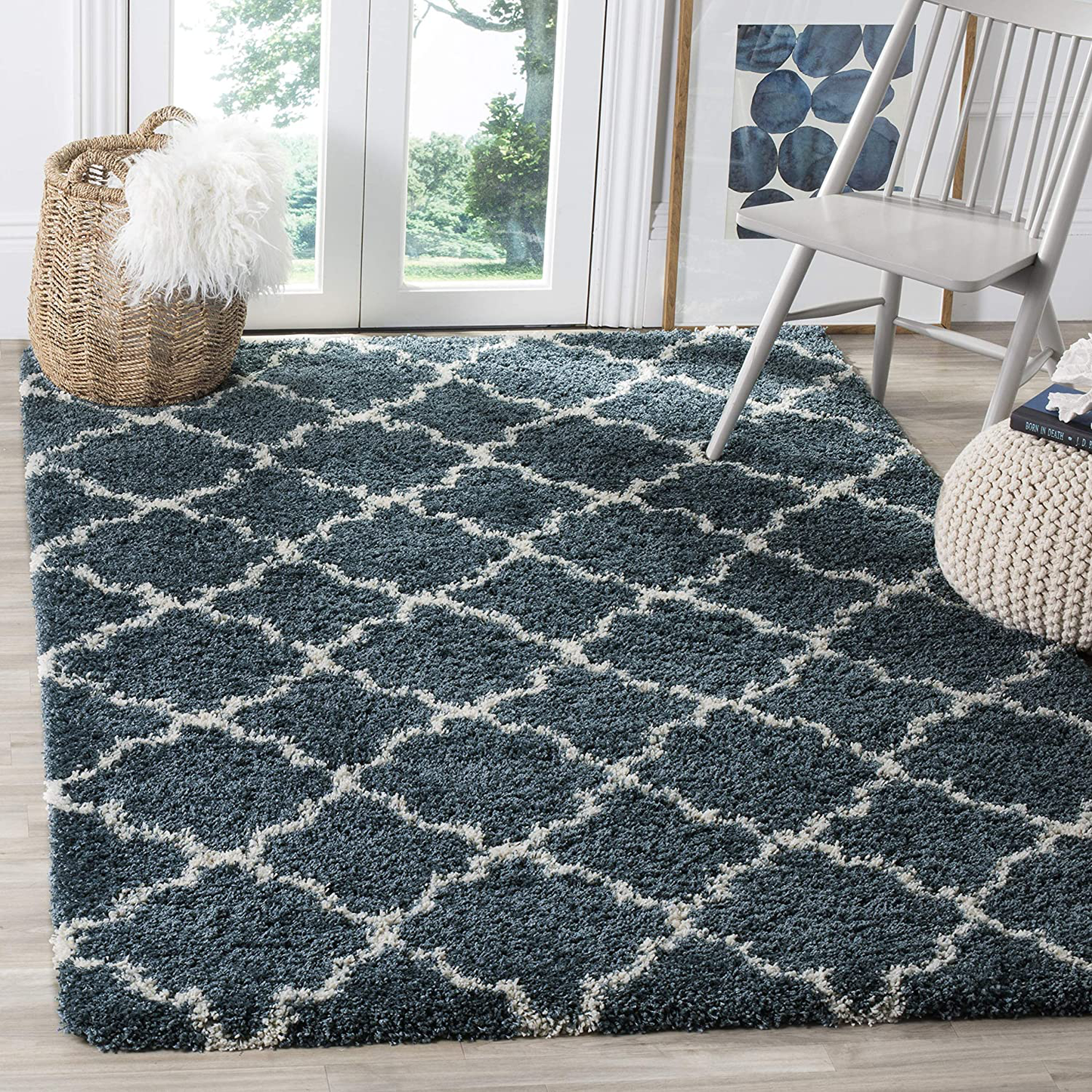 Skørter | SAFAVIEH Hudson Shag Collection SGH282L Moroccan Trellis Non-Shedding Living Room Bedroom Dining Room Hall Plus 2-inch Thickness Area Rug, 3' x 3' Square, Slate Blue / Ivory