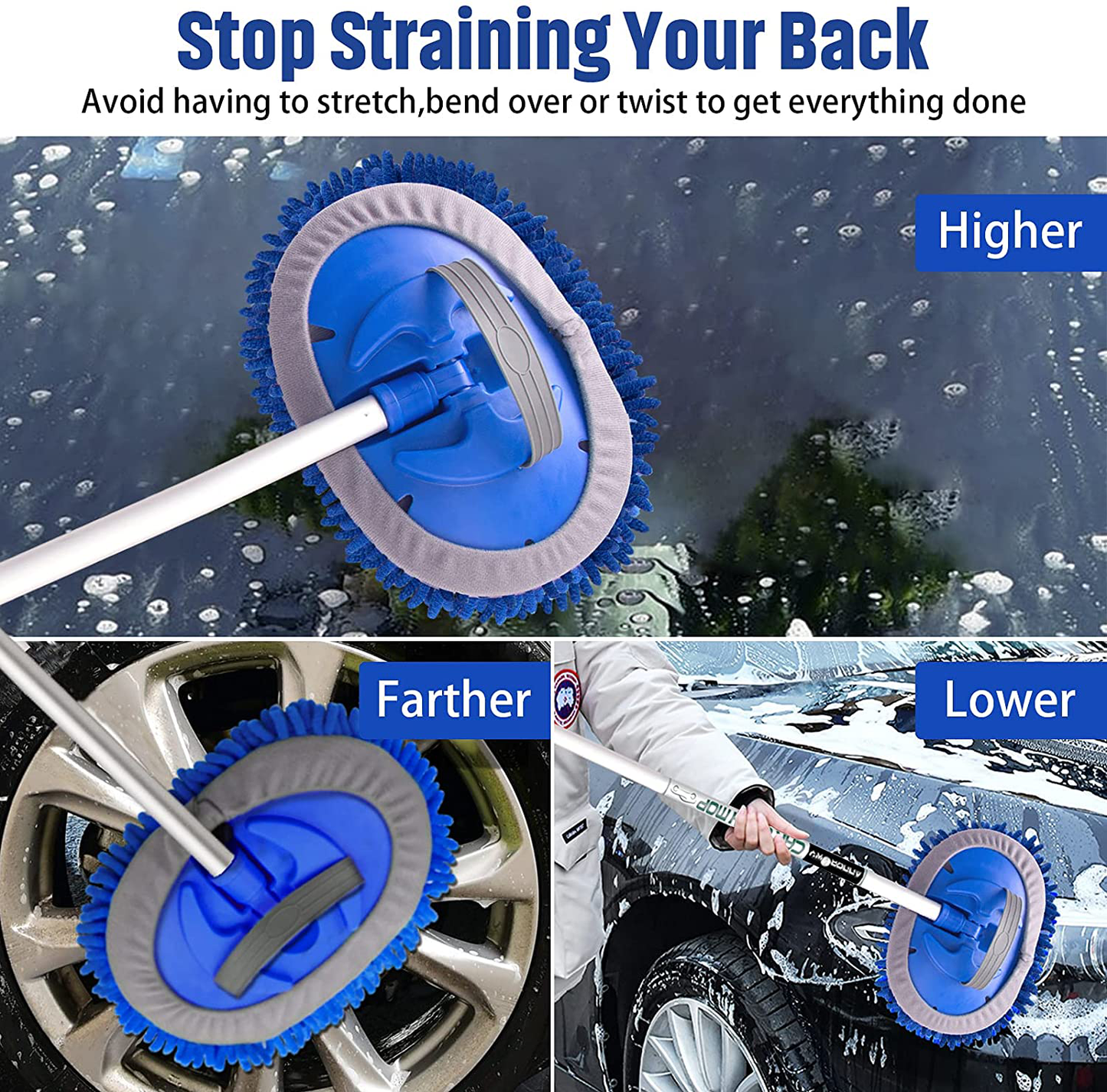 Skørter | anngrowy 62" Microfiber Car Wash Brush with Long Handle Car Wash Mop Kit Mitt Sponge Car Wash Equipment Kit Duster RV Wash Car Wash Brush Accessories, 1 Chenille Lint-Free Replacement Head