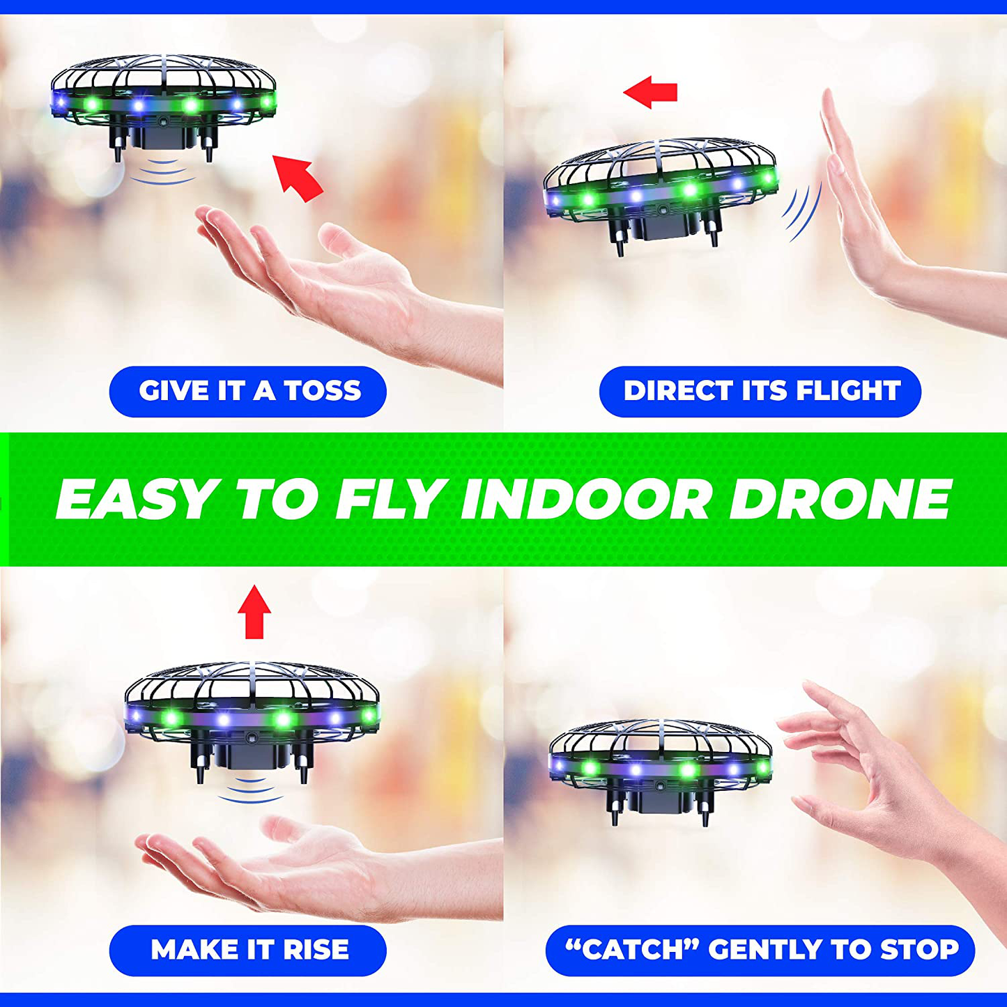 Skorter | Force1 Scoot LED Hand-operated Drone for Kids or Adults - Hands-free Motion Sensor Mini Drone, Easy Indoor Small UFO Toy Flying Ball Drone Toy for Boys and Girls (Red/Blue)