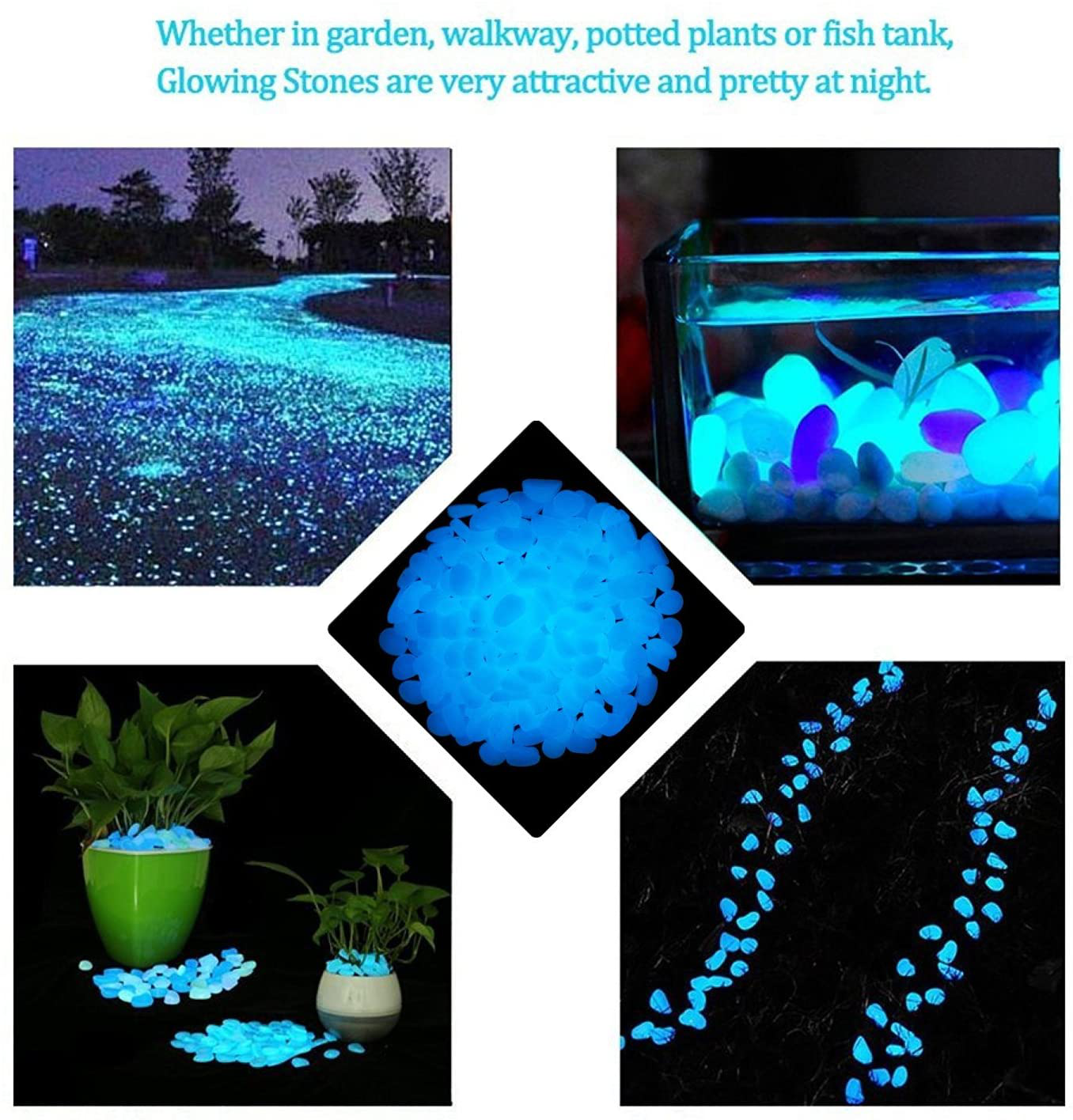 Skørter | chic style 300pcs Glow in the Dark Garden Stones, Garden Luminous Glow Stones Outdoor Decor Glowing Water Fish Tank Gravel (Blue)