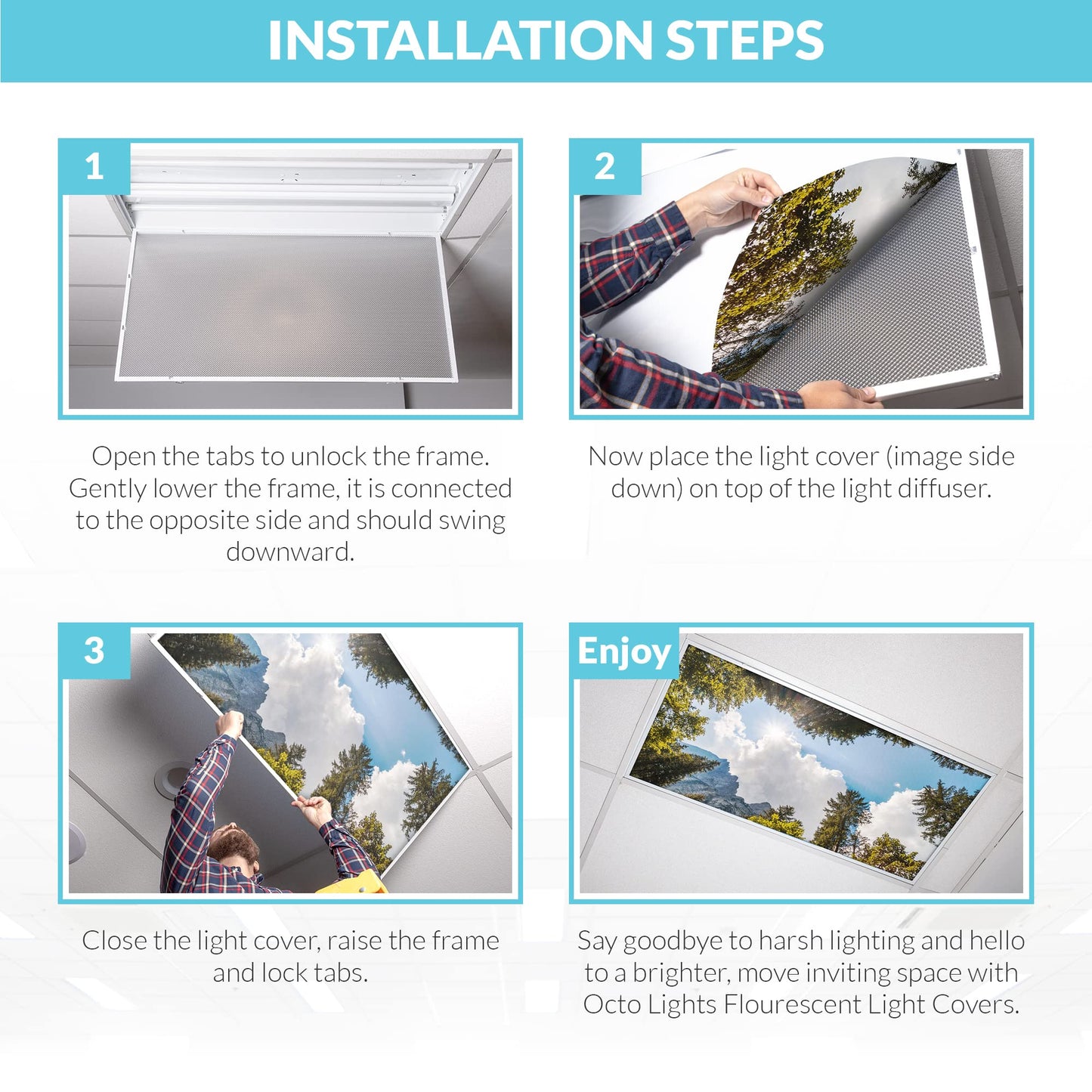 Skorter | Octo Light Fluorescent Light Covers - 2X4 Wood Mountain Sky - Focusing & Headache Relief