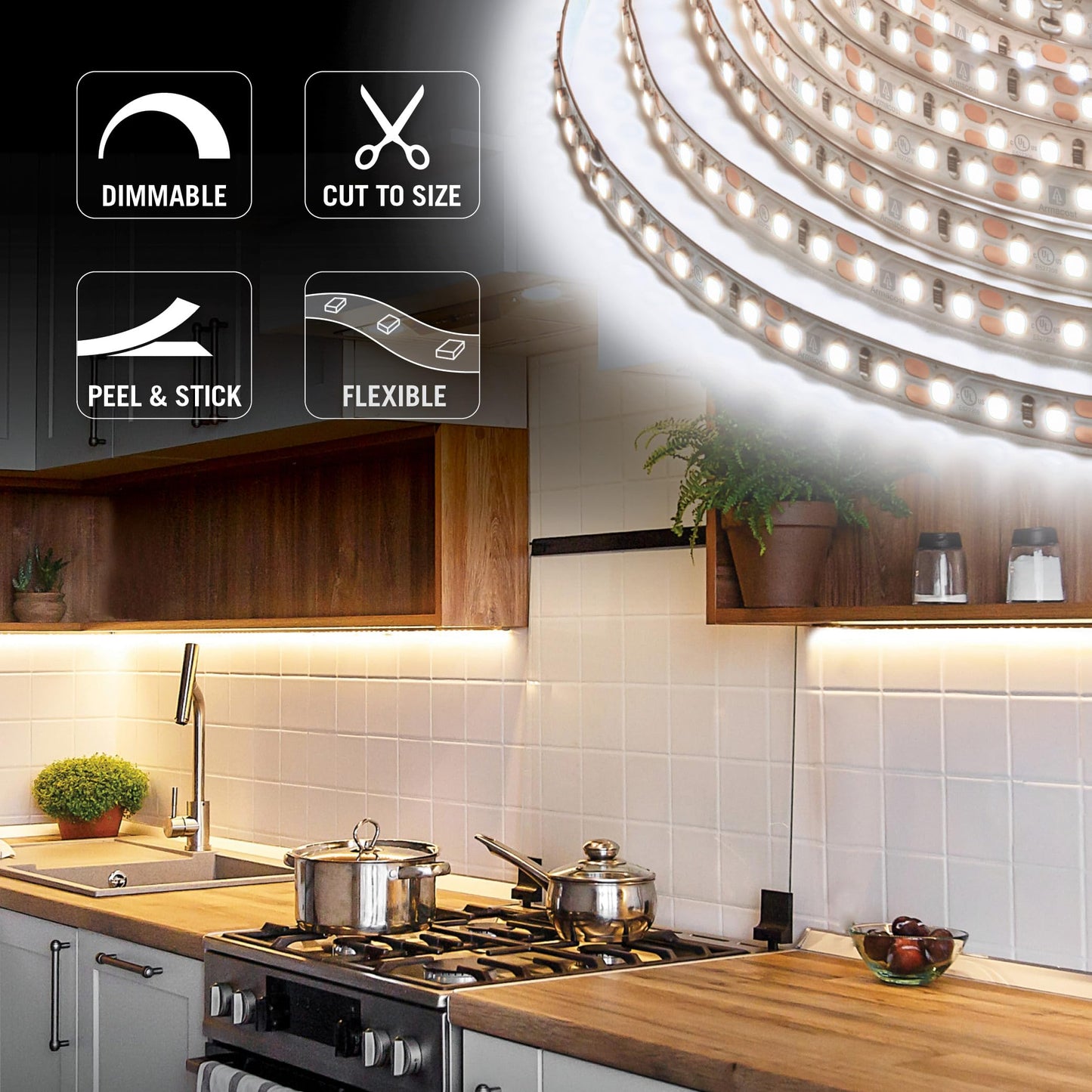 Skorter | Armacost Lighting 8.2 Foot White LED Tape Light, 120 LEDs/Meter, 2700K Warm White, Copper